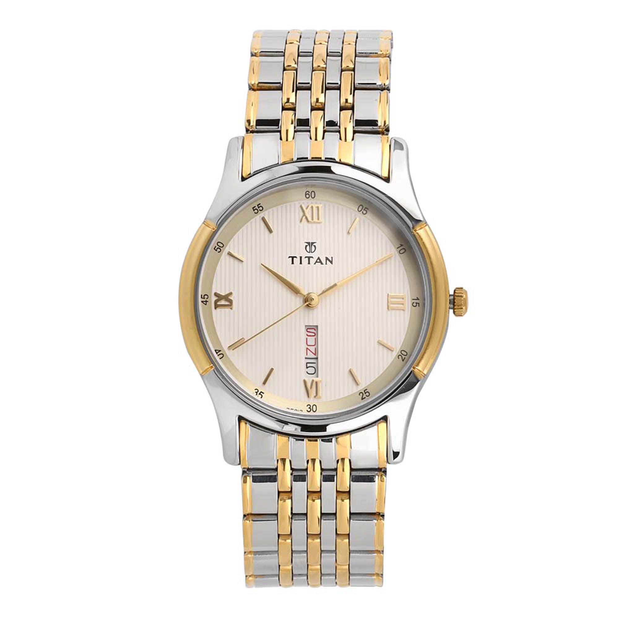 Titan Analog with Day and Date Off White Dial Stainless Steel Strap watch for Men