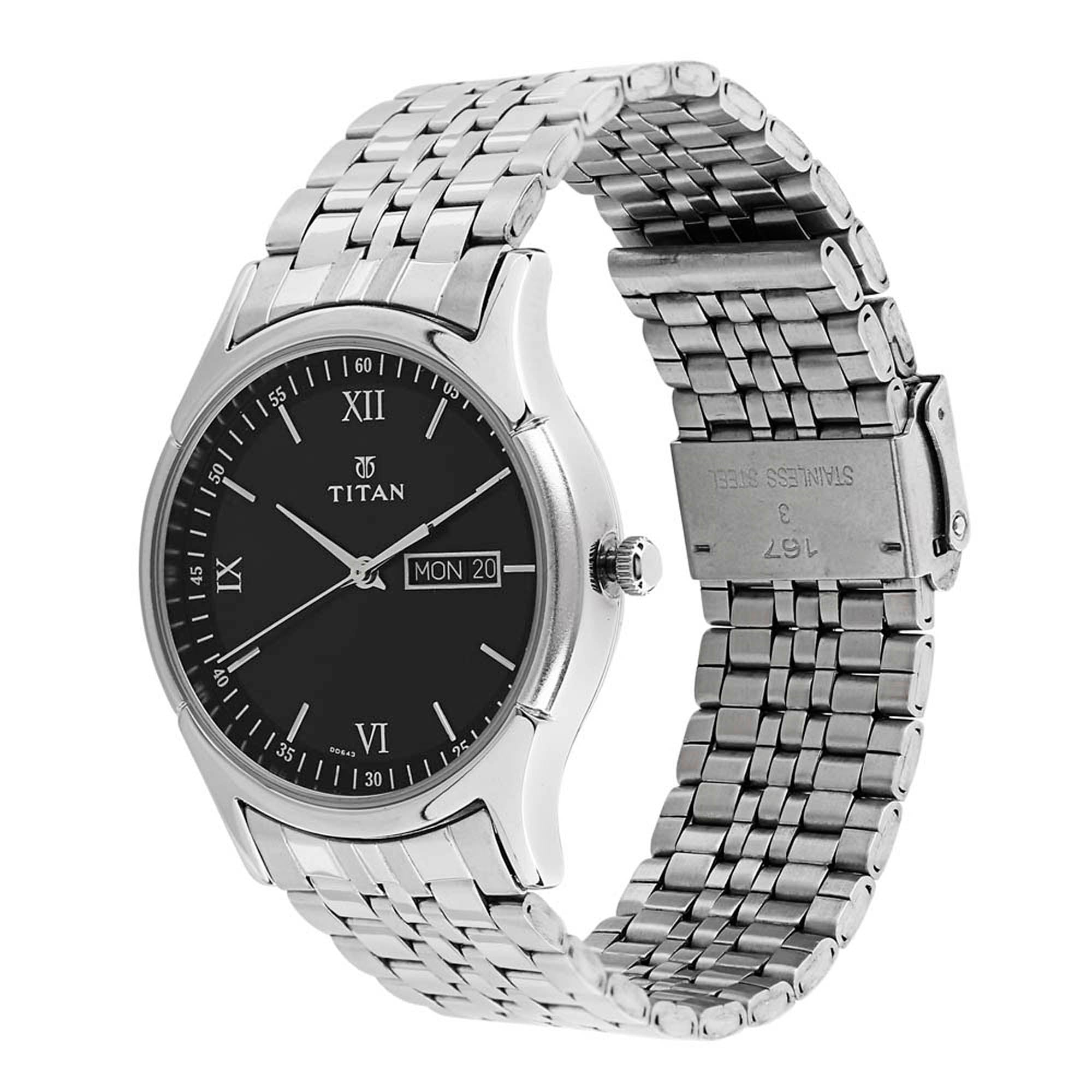 Titan Karishma Black Dial Analog with Day and Date Stainless Steel Strap watch for Men