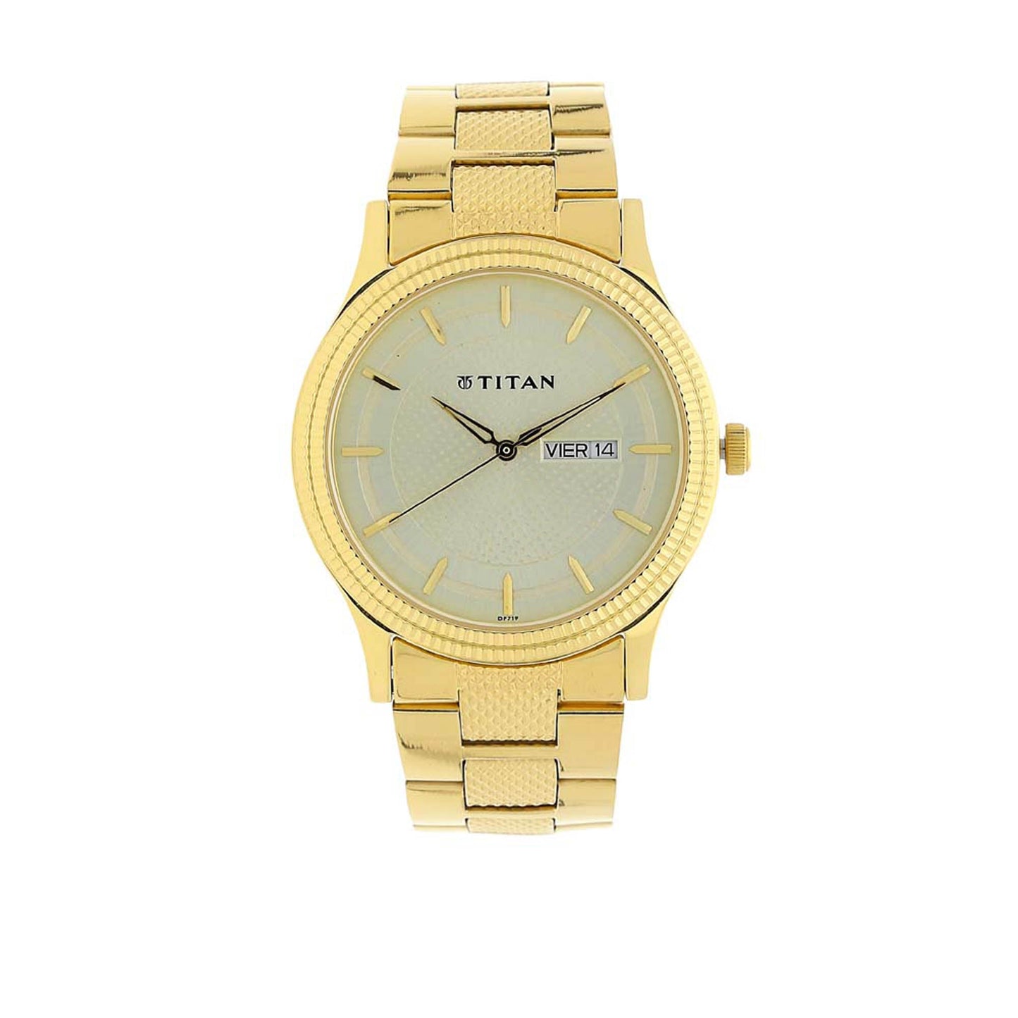 Titan Analog with Day and Date Quartz Champagne Dial Metal Round Stainless Steel Strap watch for Men