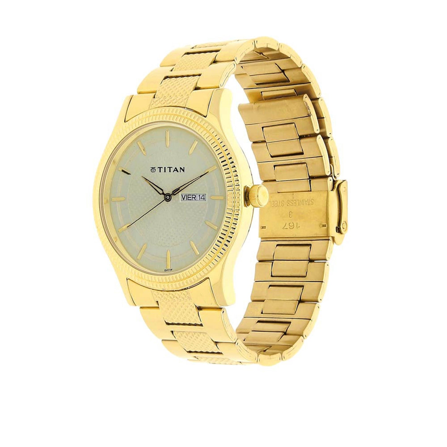 Titan Analog with Day and Date Quartz Champagne Dial Metal Round Stainless Steel Strap watch for Men