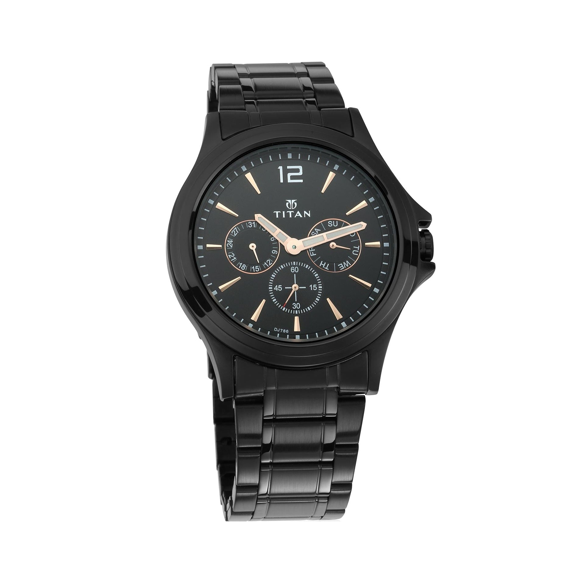 Titan Quartz Multifunction Black Dial Stainless Steel Strap Watch