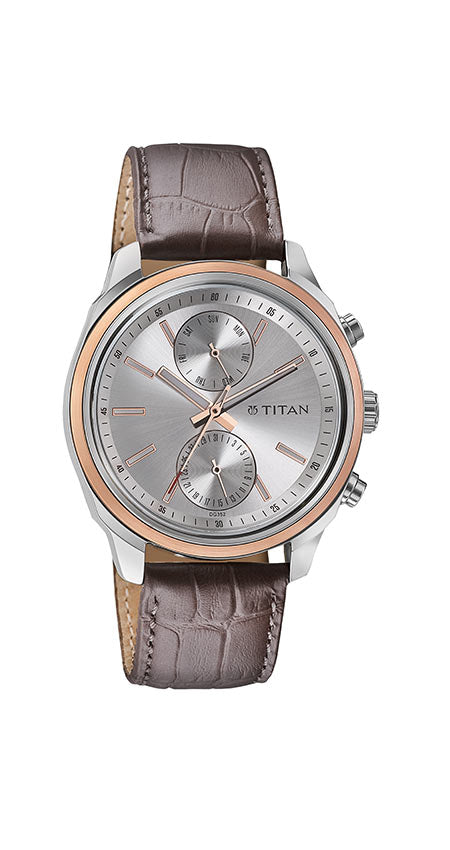 Titan Quartz Multifunction Silver Dial Leather Strap Watch for Men