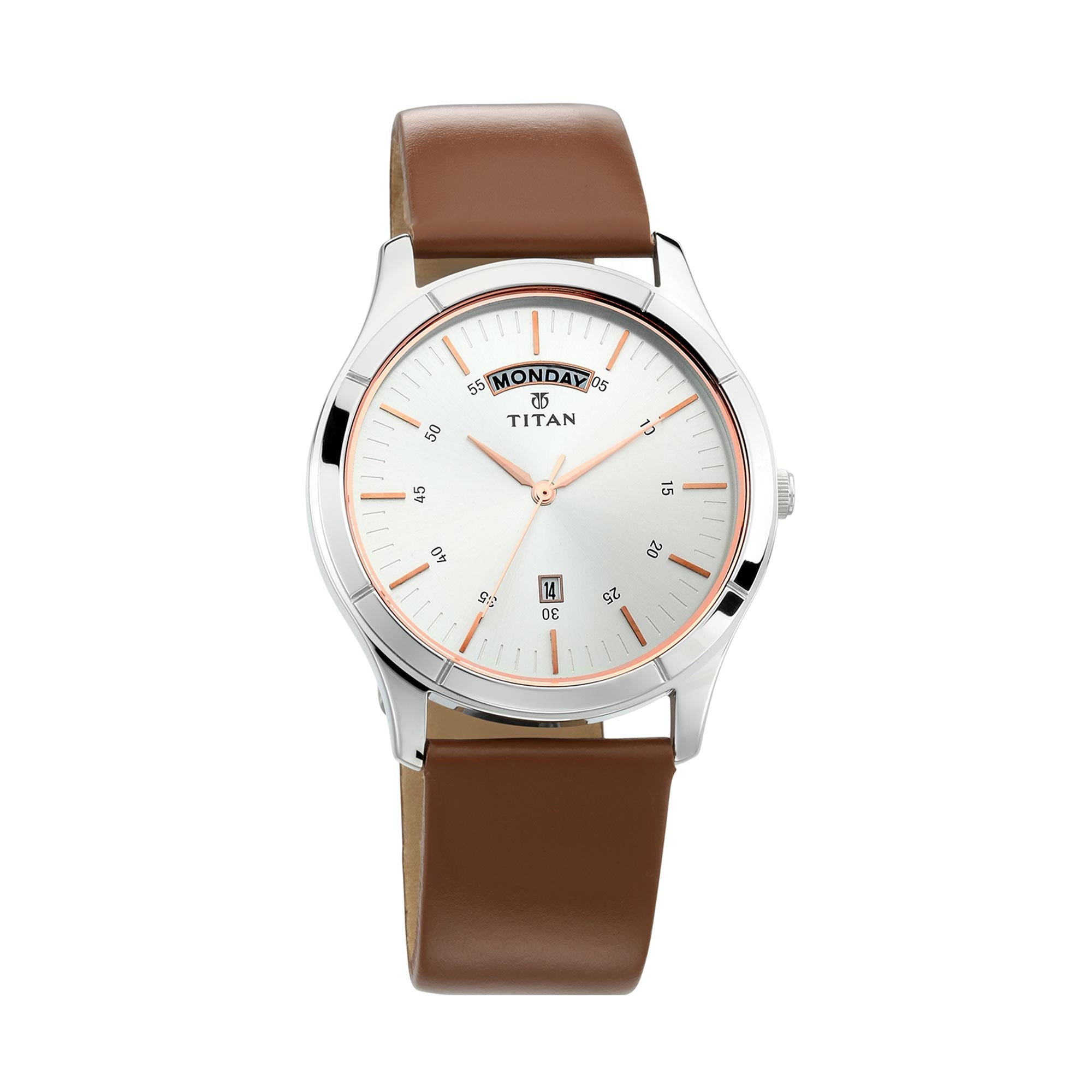 Titan On Trend White Dial Analog with Day and Date Leather Strap watch for Men