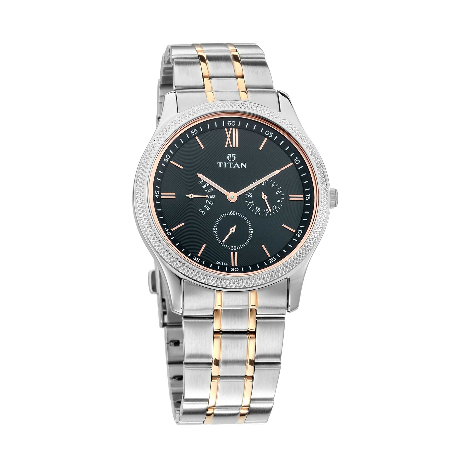 Titan Quartz Multifunction Black Dial Stainless Steel Strap Watch