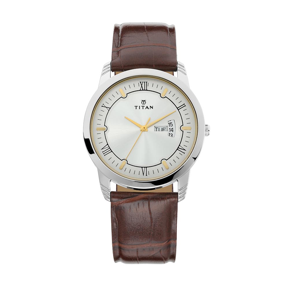 Titan Quartz Analog with Day and Date Silver Dial Leather Strap Watch for Men