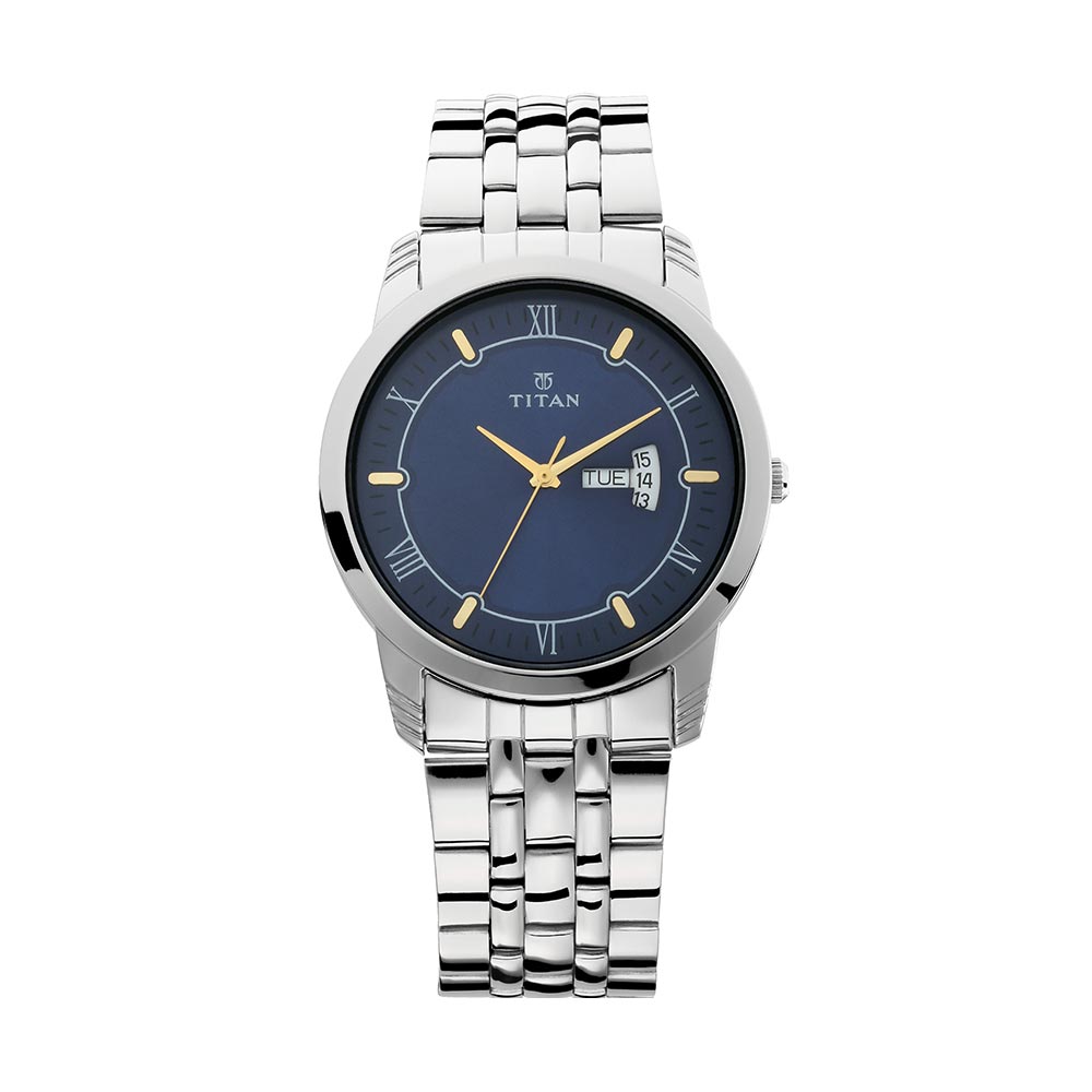 Titan Analog with Day and Date Blue Dial Stainless Steel Strap watch for Men