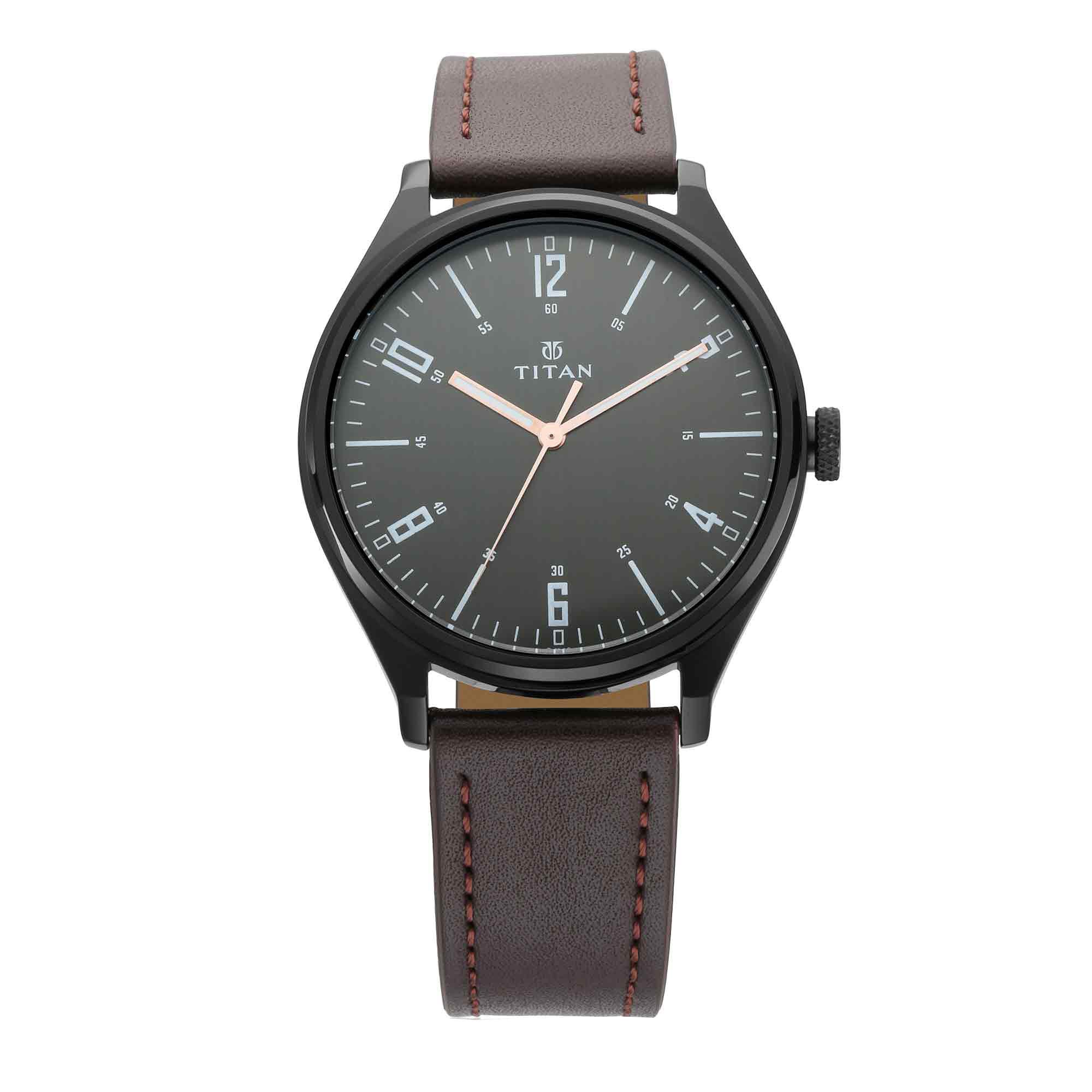 Titan Workwear Black Dial Analog Quartz Leather Strap watch for Men