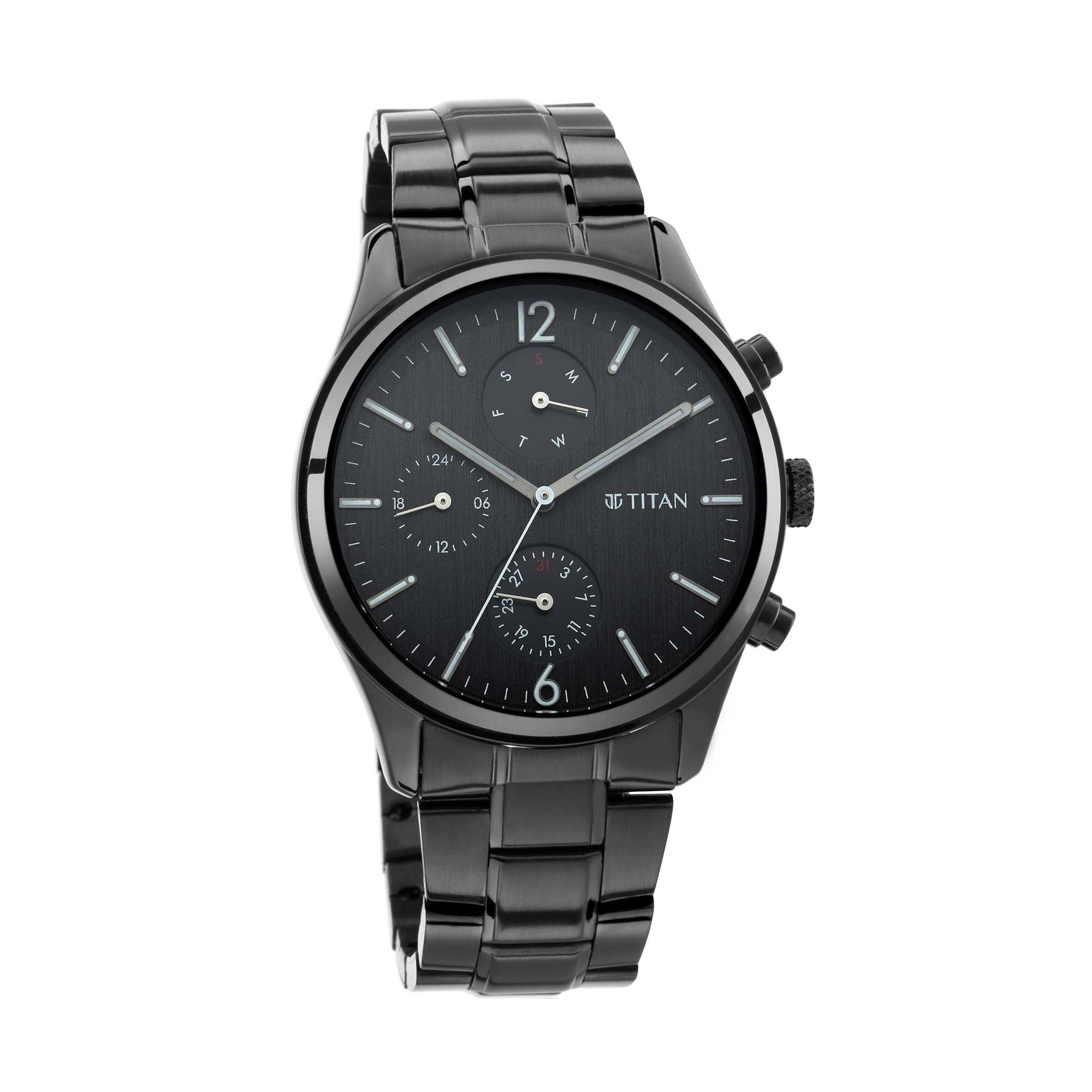Titan Black Metal Watch Titan Quartz Multifunction Black Dial