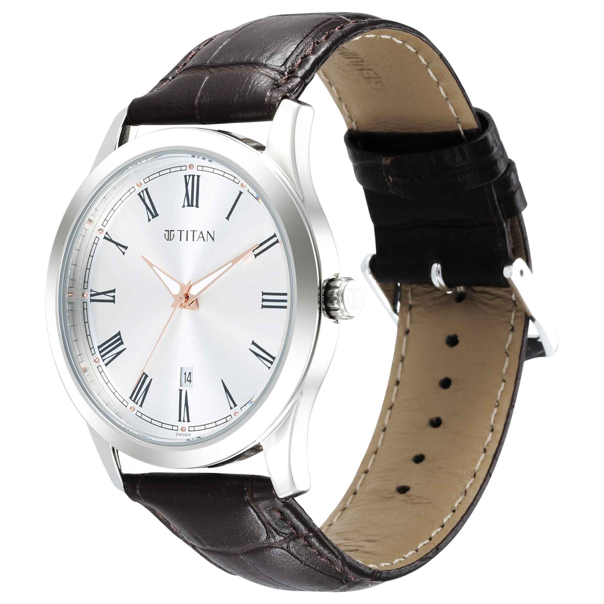 Titan Trendsetters Silver White Dial Analog Leather Strap watch for Men