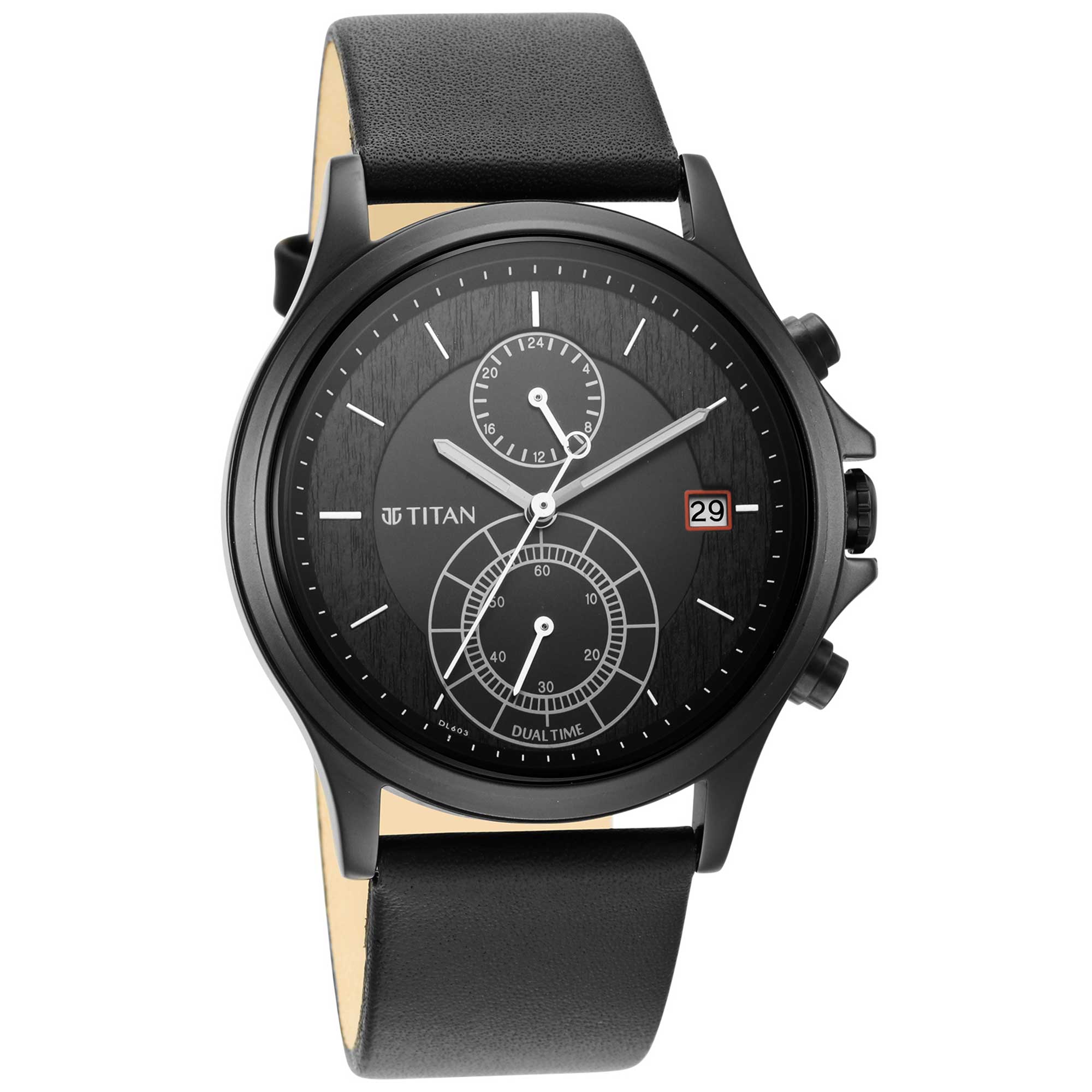 Titan Workwear Black Dial Dual Time Leather Strap watch for Men