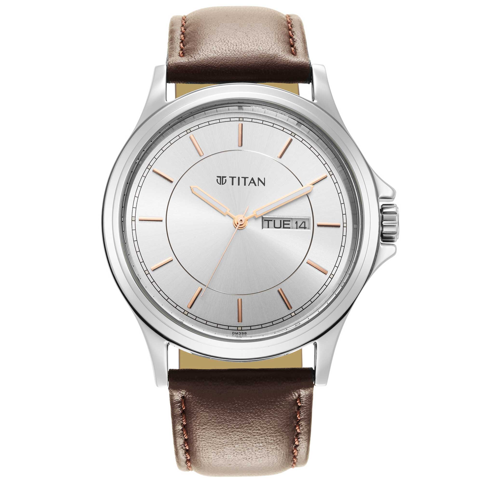 Titan Quartz Analog Silver White Dial Leather Strap Watch for Men
