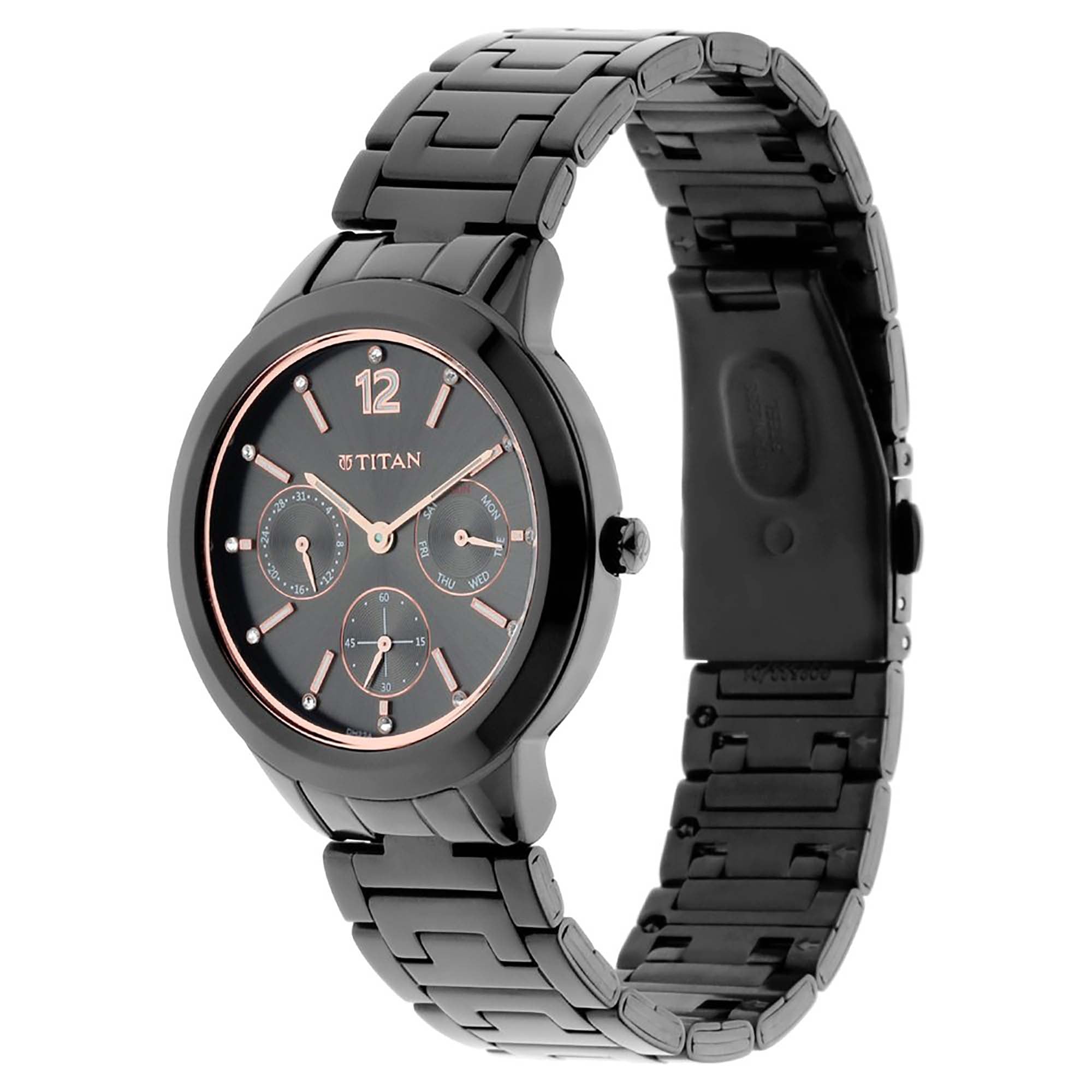 Titan Workwear Anthracite Dial Analog with Day and Date Stainless Steel Strap Watch for Women