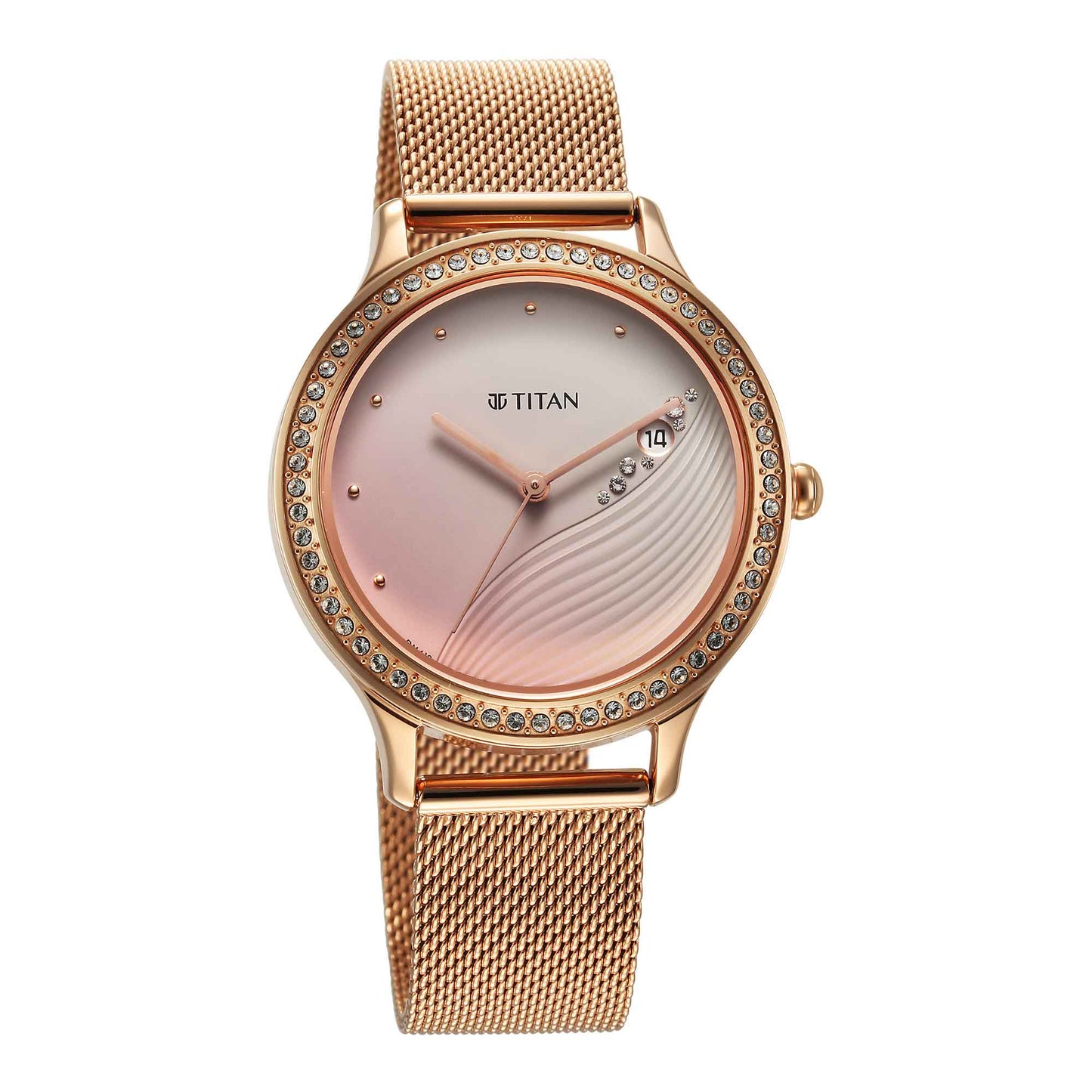 Titan Purple Glam It Up Pink Dial Analog with Date Stainless Steel Strap Watch for Women