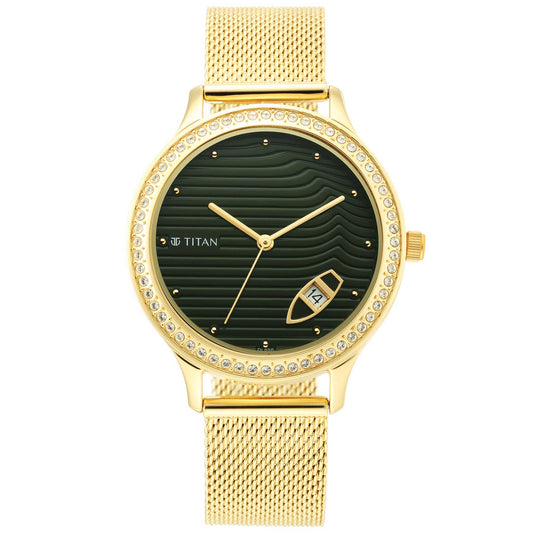 Titan Wander Green Dial Women Watch With Stainless Steel Strap