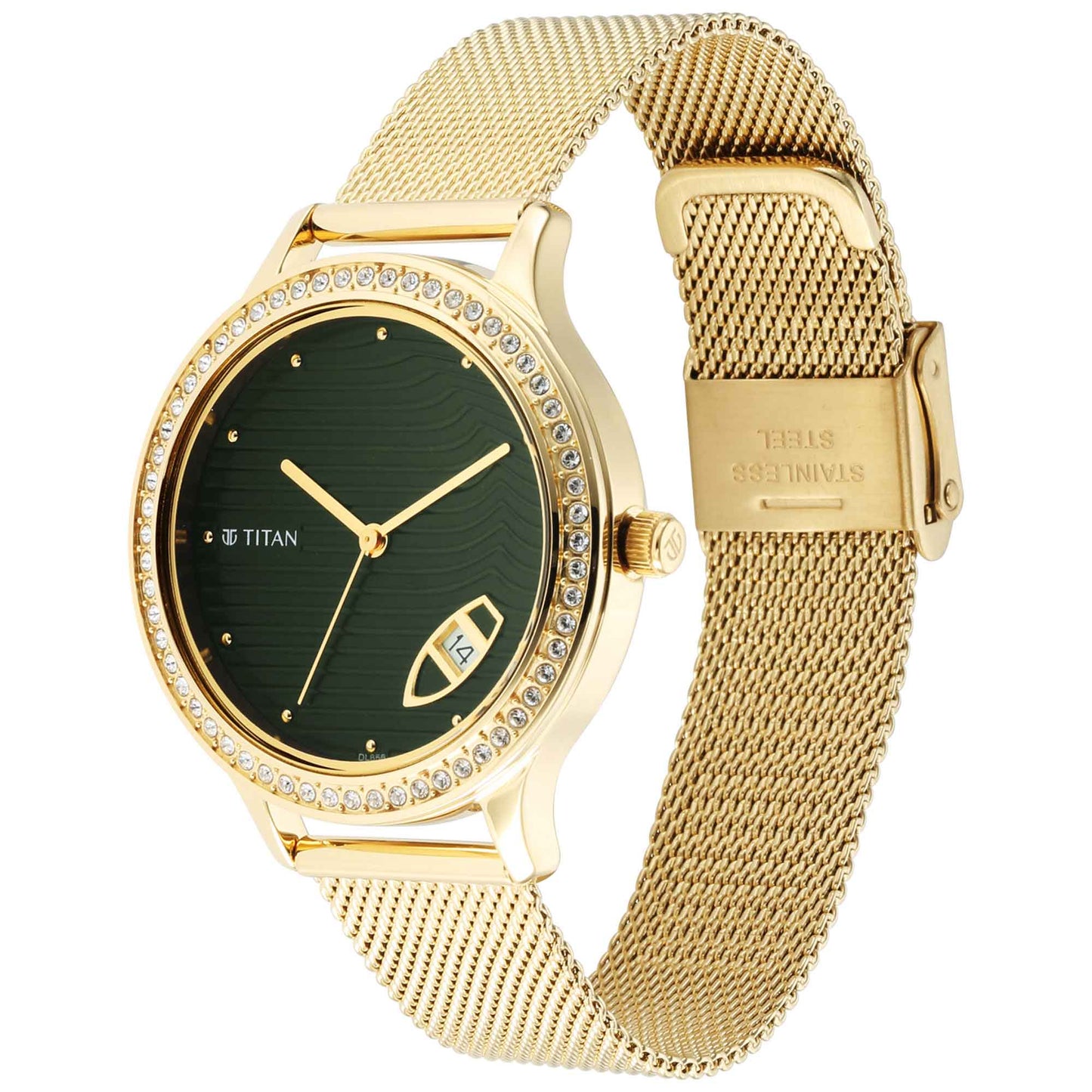 Titan Wander Green Dial Women Watch With Stainless Steel Strap