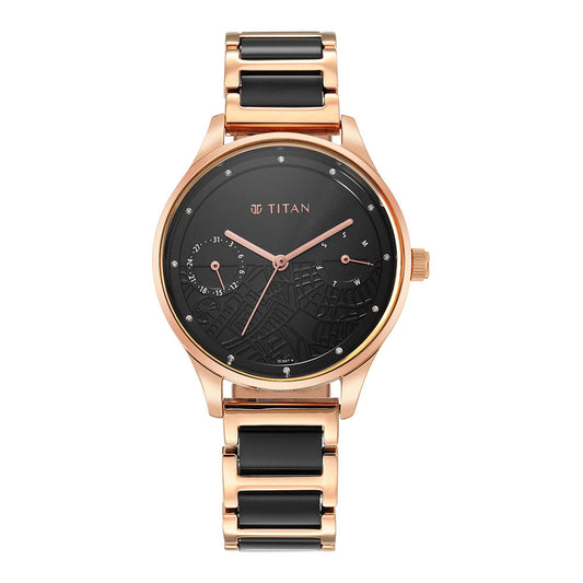 Titan Purple Acetate Black Dial Analog with Day and Date Metal and Acetate Strap Watch for Women
