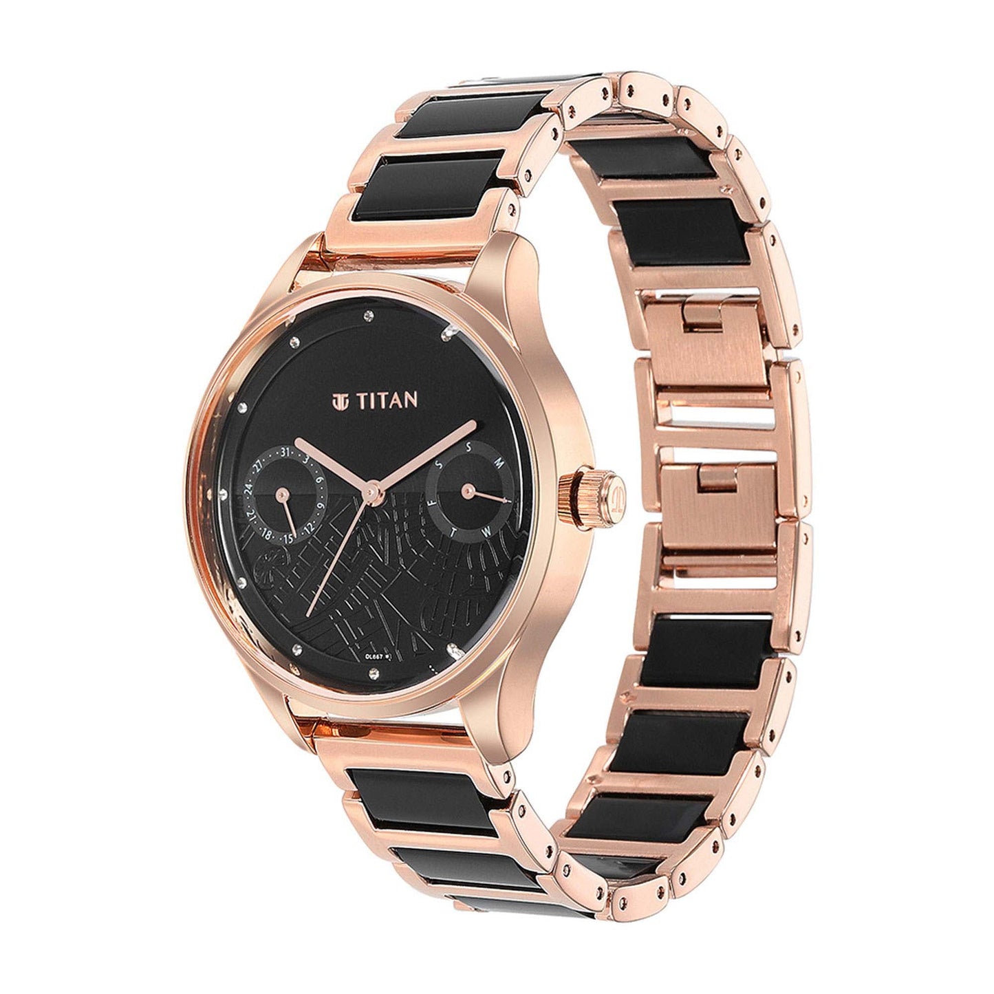 Titan Purple Acetate Black Dial Analog with Day and Date Metal and Acetate Strap Watch for Women