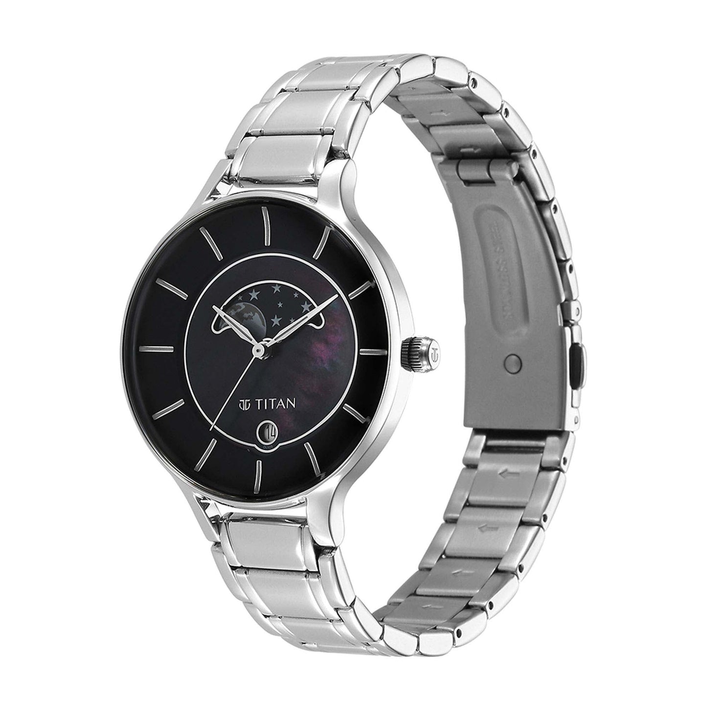 Titan Premium Workwear Black Dial Analog with Date Stainless Steel Strap watch for Women