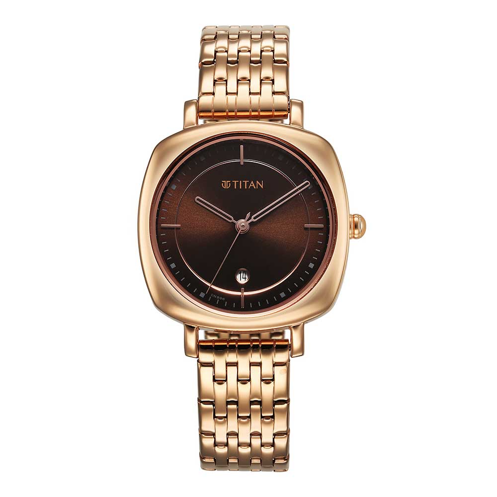 Titan Shaped Cases Brown Dial Metal Strap Watch