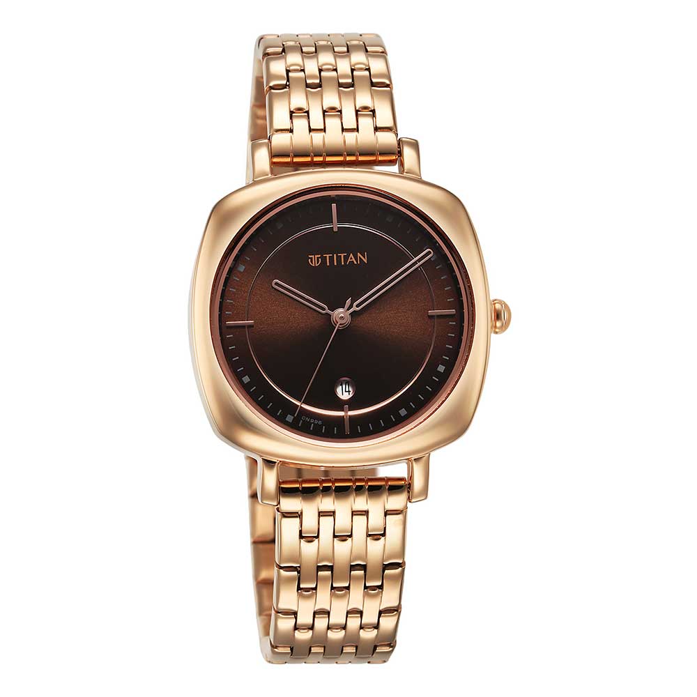 Titan Shaped Cases Brown Dial Metal Strap Watch