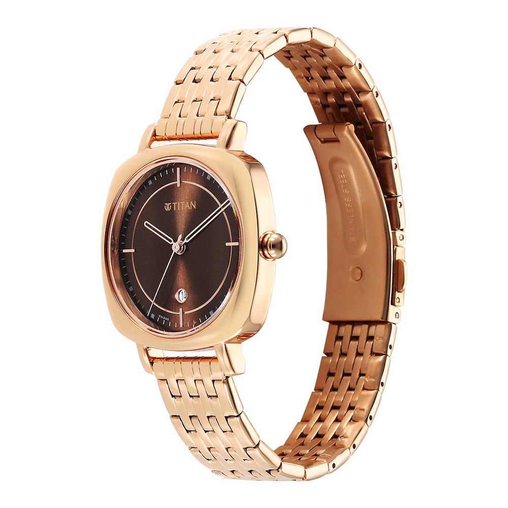 Titan Shaped Cases Brown Dial Metal Strap Watch