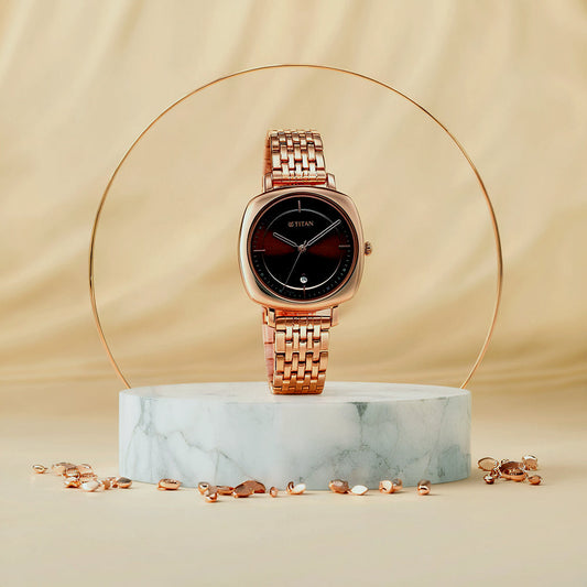 Titan Shaped Cases Brown Dial Metal Strap Watch