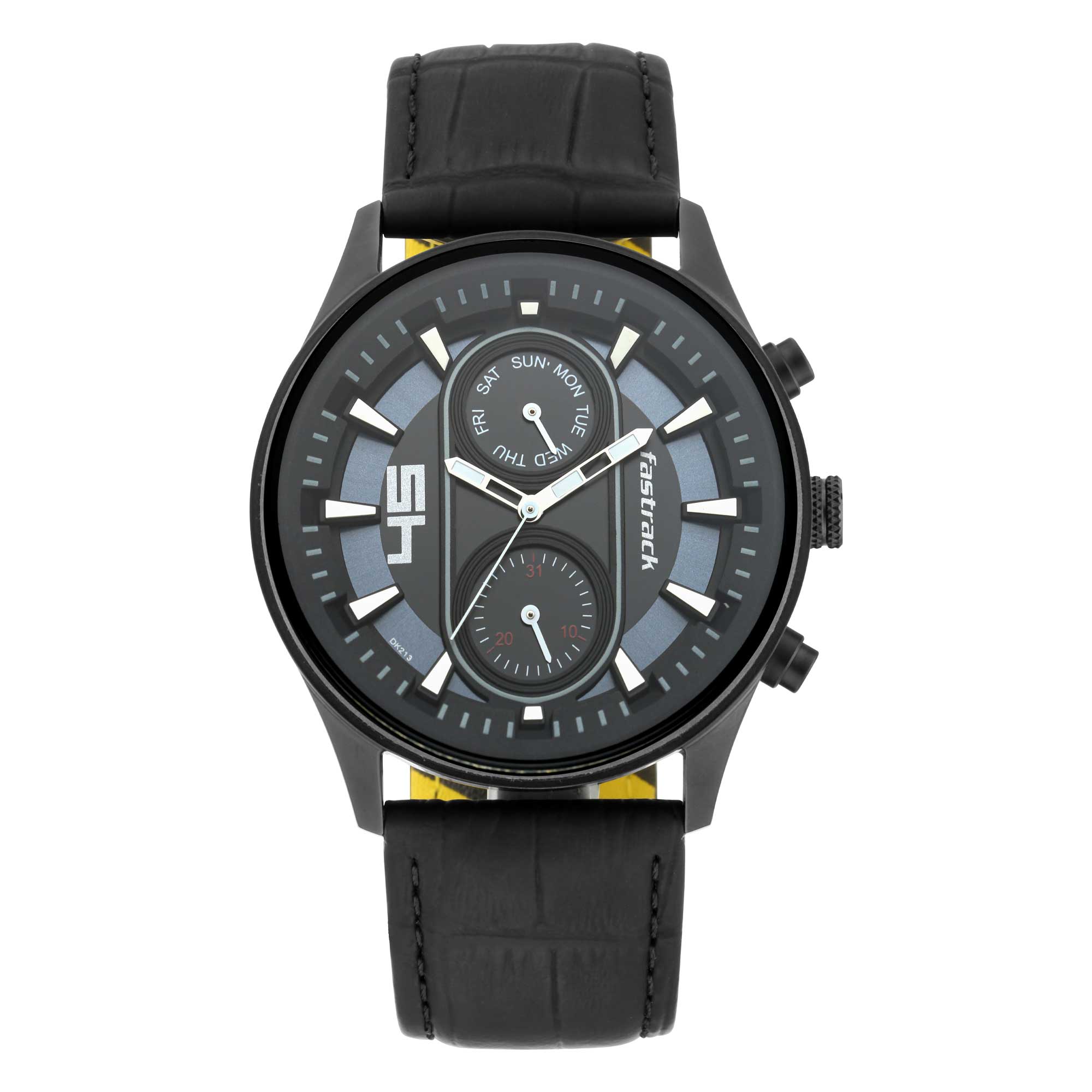 Fastrack Fastfit Quartz Analog with Day and Date Black Dial Leather Strap Watch for Guys