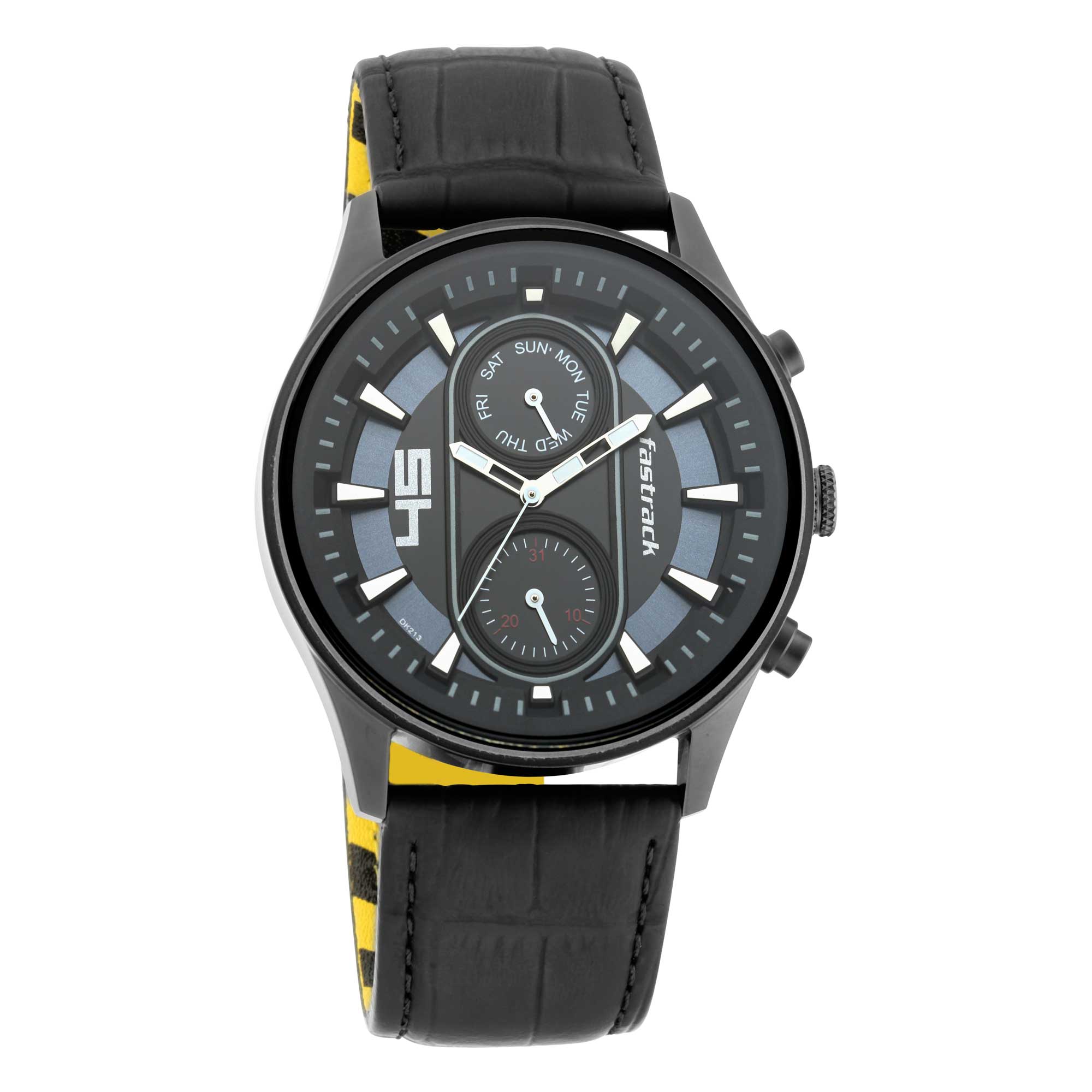 Fastrack Fastfit Quartz Analog with Day and Date Black Dial Leather Strap Watch for Guys