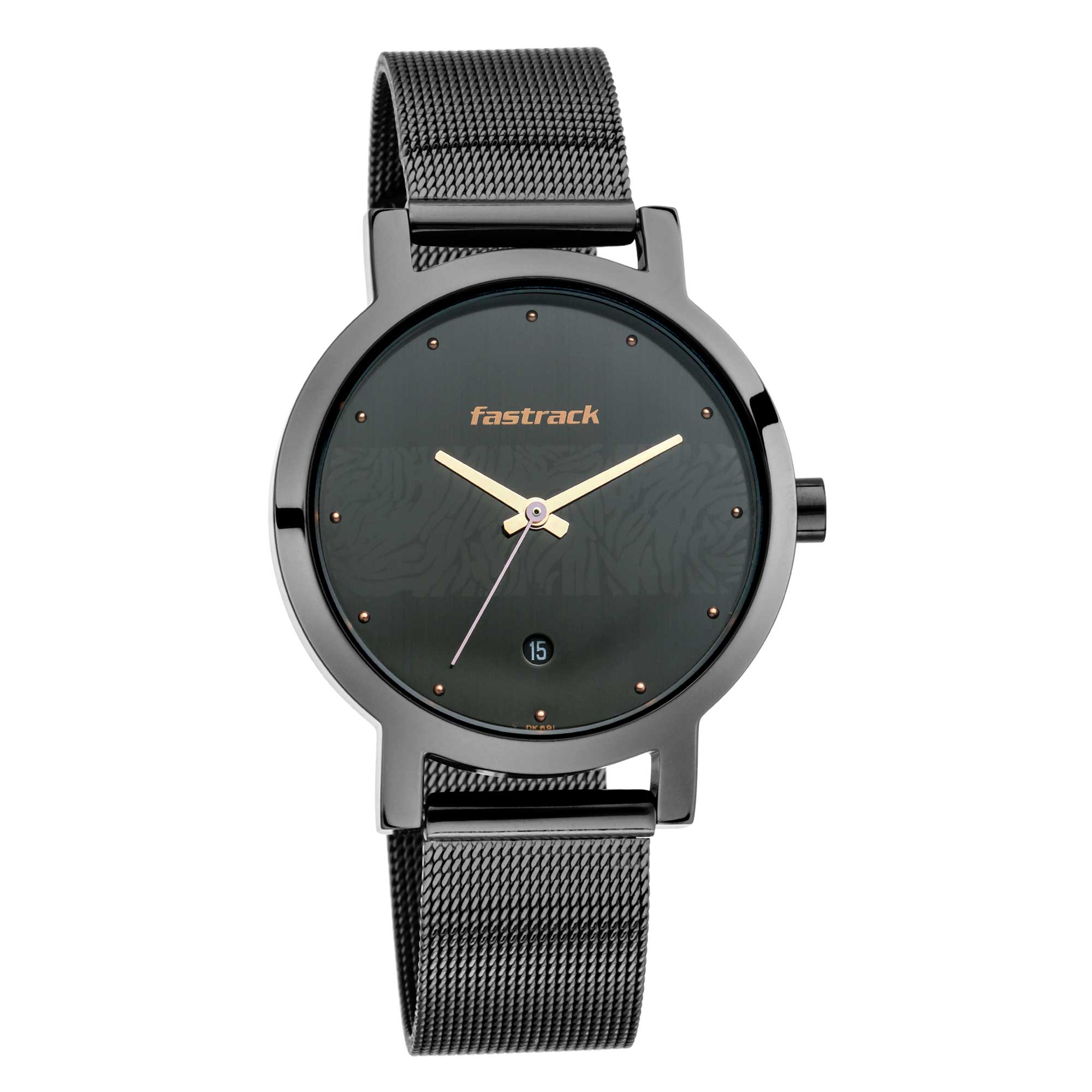 Fastrack Fastrack Animal Print Quartz Analog with Date Black Dial Stainless Steel Strap Watch for Girls
