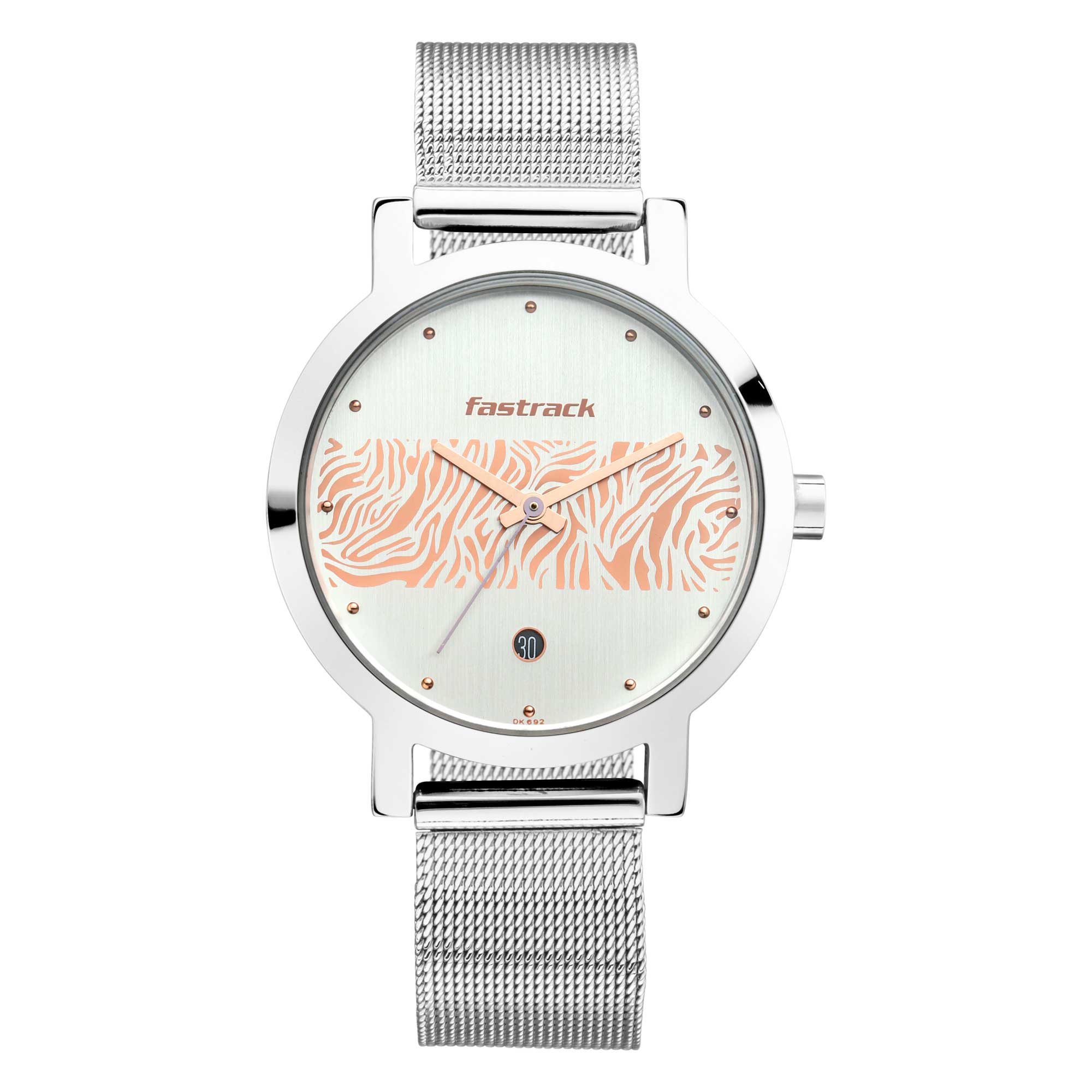 Fastrack Fastrack Animal Print Quartz Analog with Date Bicolour Dial Stainless Steel Strap Watch for Girls