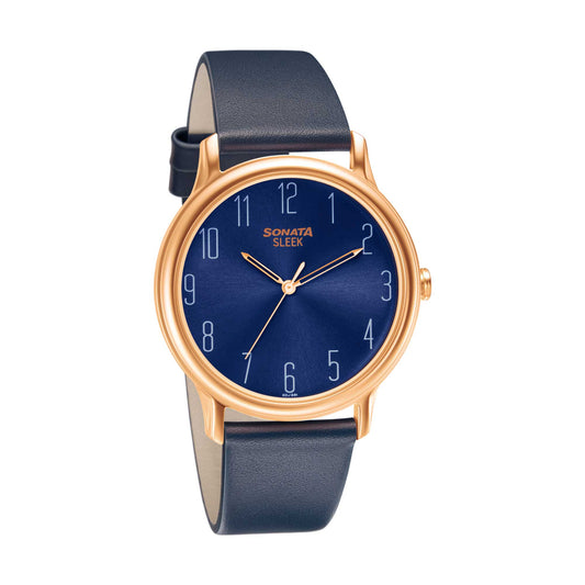 Sonata Quartz Analog Blue Dial Leather Strap Watch for Men
