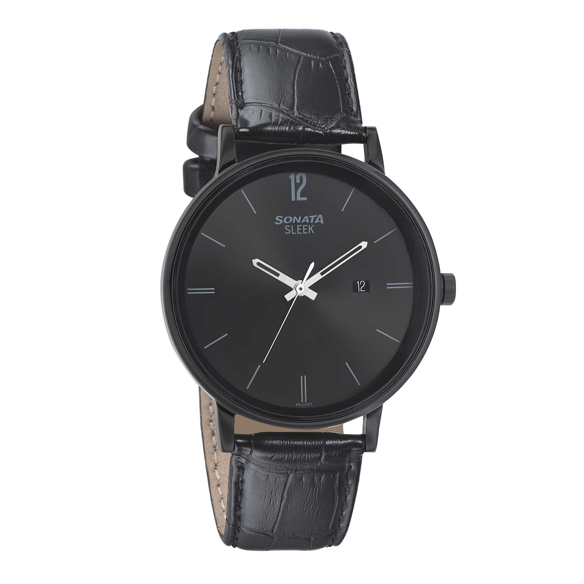 Sonata Quartz Analog with Date Black Dial Leather Strap Watch for Men