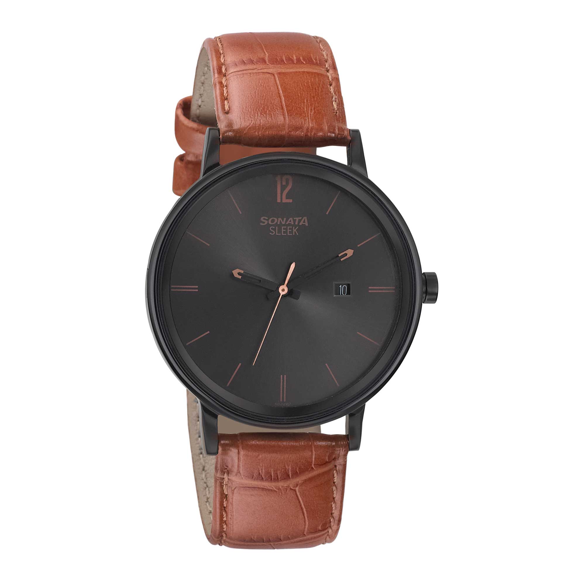Sonata Quartz Analog with Date Black Dial Leather Strap Watch for Men