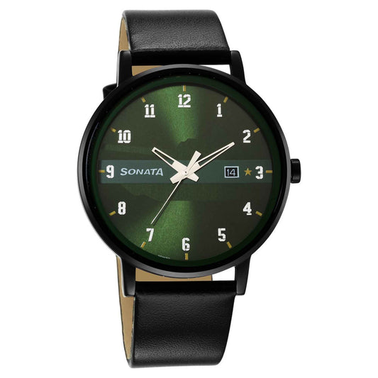 Sonata Quartz Analog with Date Green Dial Leather Strap Watch for Men