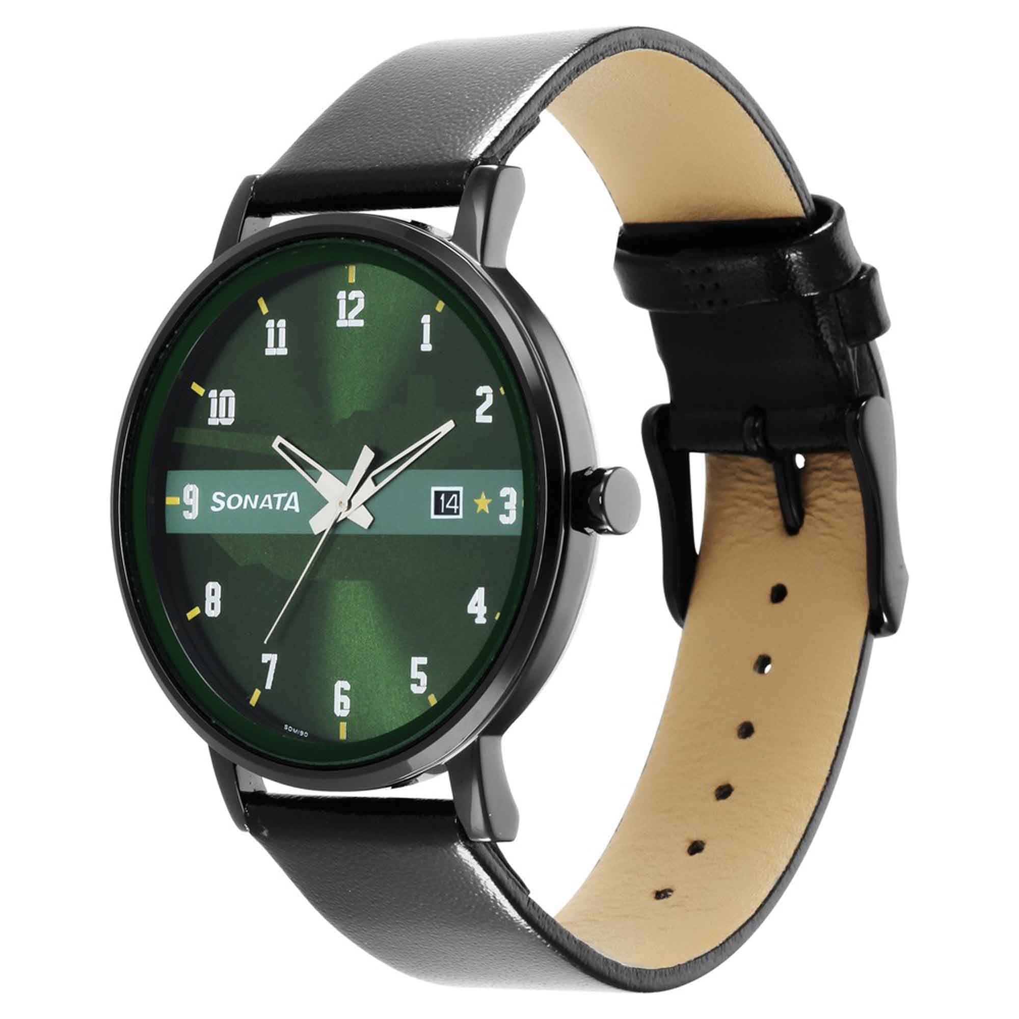Sonata Quartz Analog with Date Green Dial Leather Strap Watch for Men