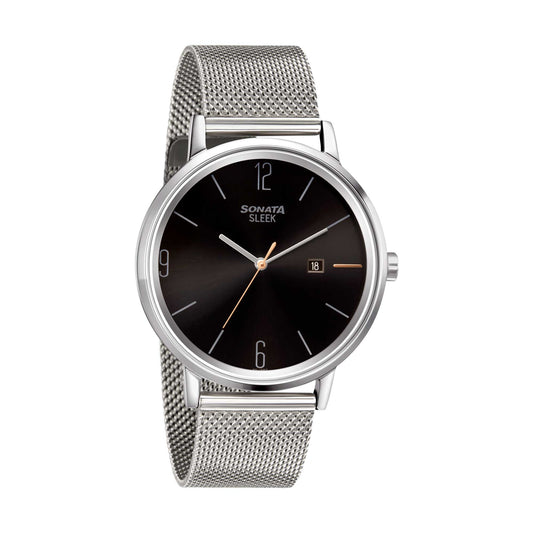 Sonata Quartz Analog with Date Black Dial Stainless Steel Strap Watch for Men