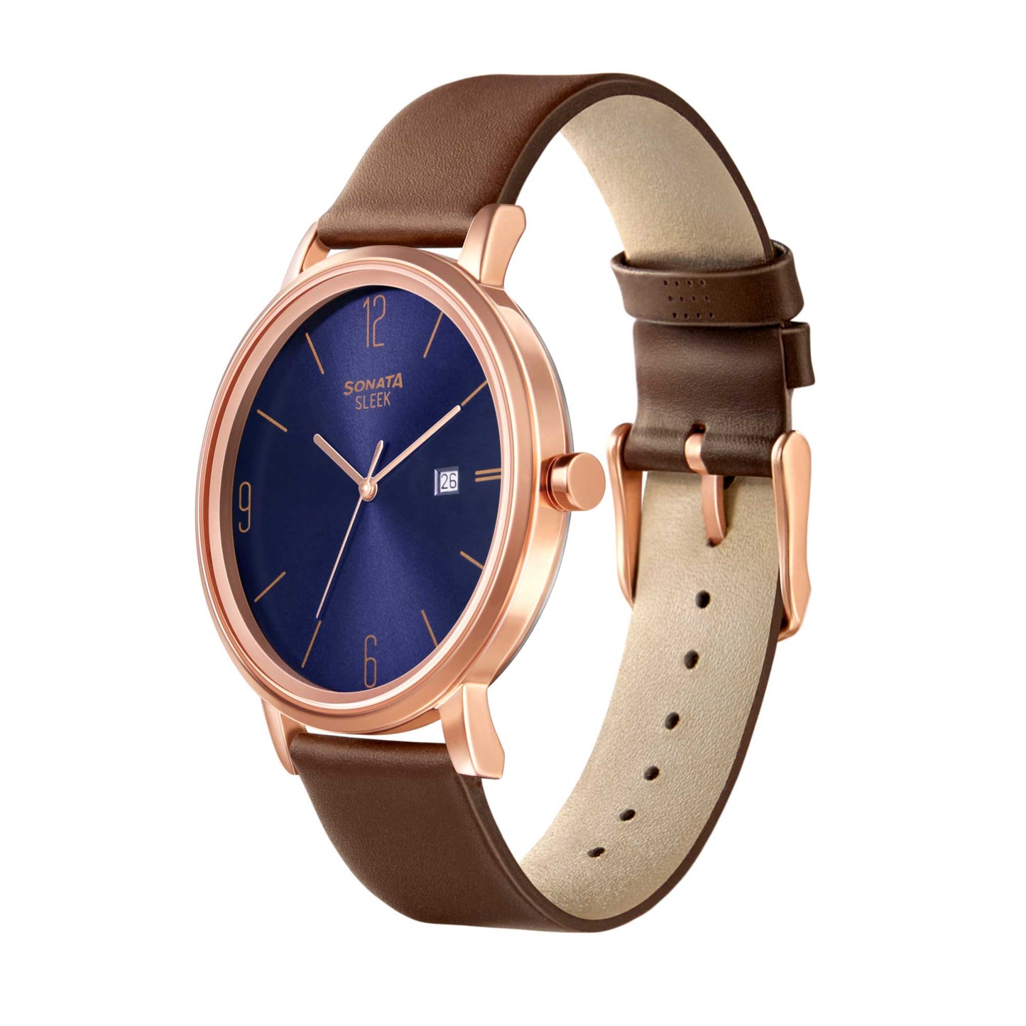 Sonata Quartz Analog with Date Blue Dial Leather Strap Watch for Men
