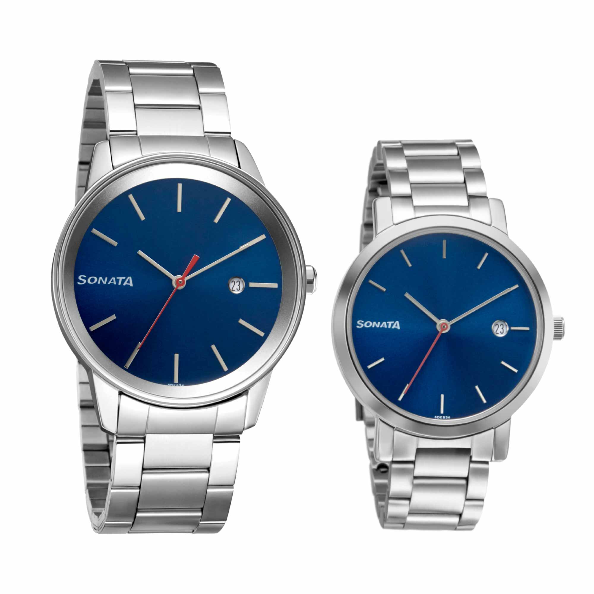 Sonata Quartz Analog with Date Blue Dial Metal Strap Watch for Couple