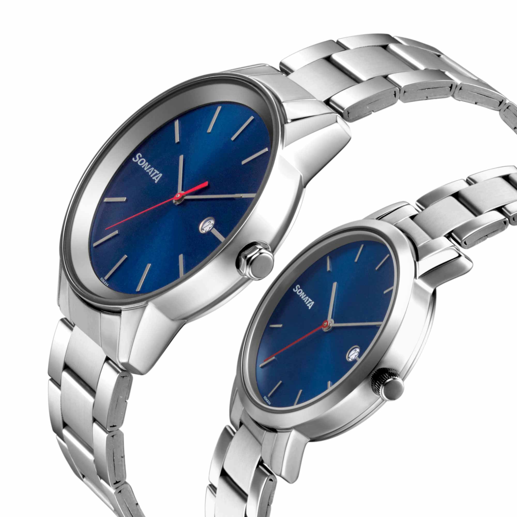 Sonata Quartz Analog with Date Blue Dial Metal Strap Watch for Couple