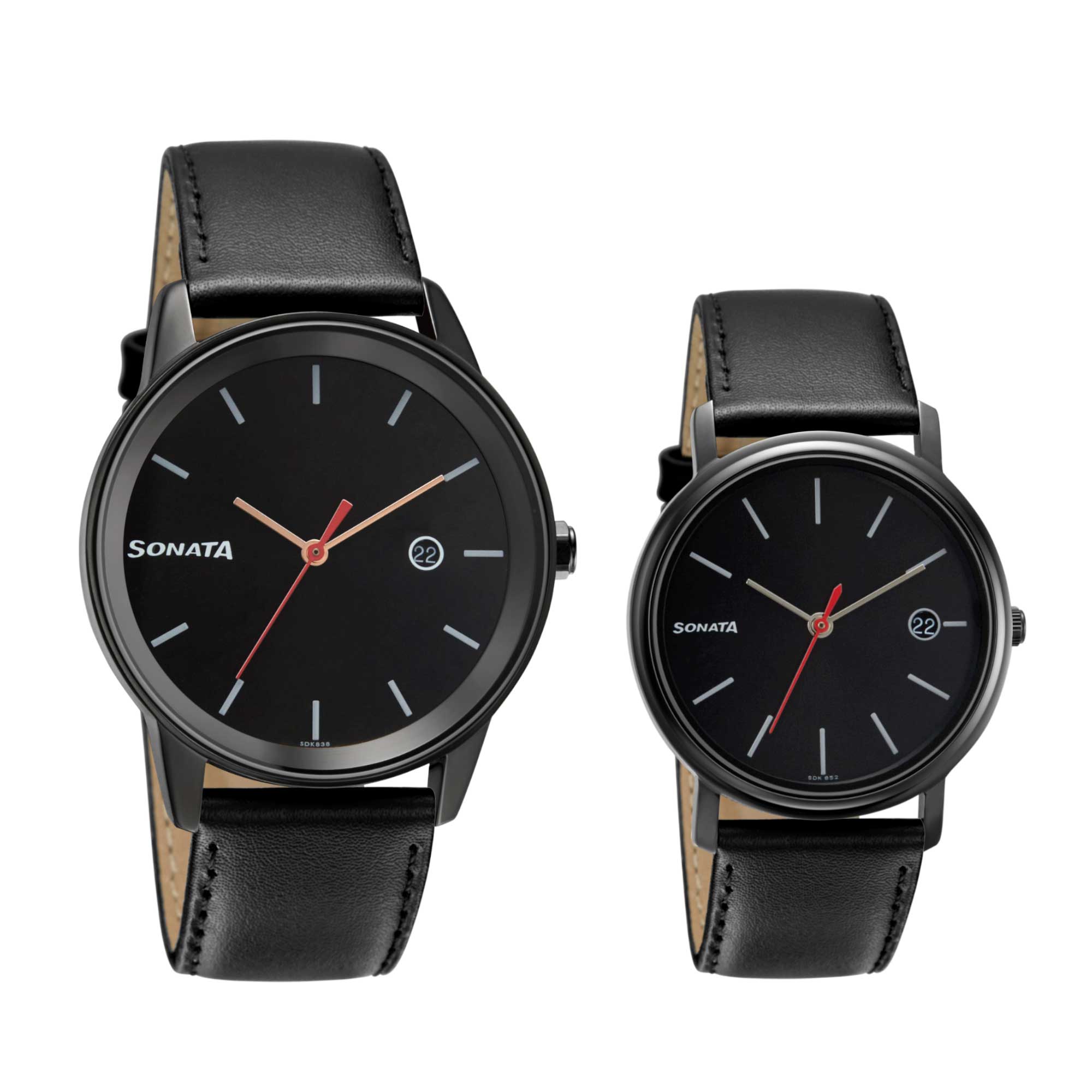Sonata Quartz Analog with Date Black Dial Leather Strap Watch for Couple