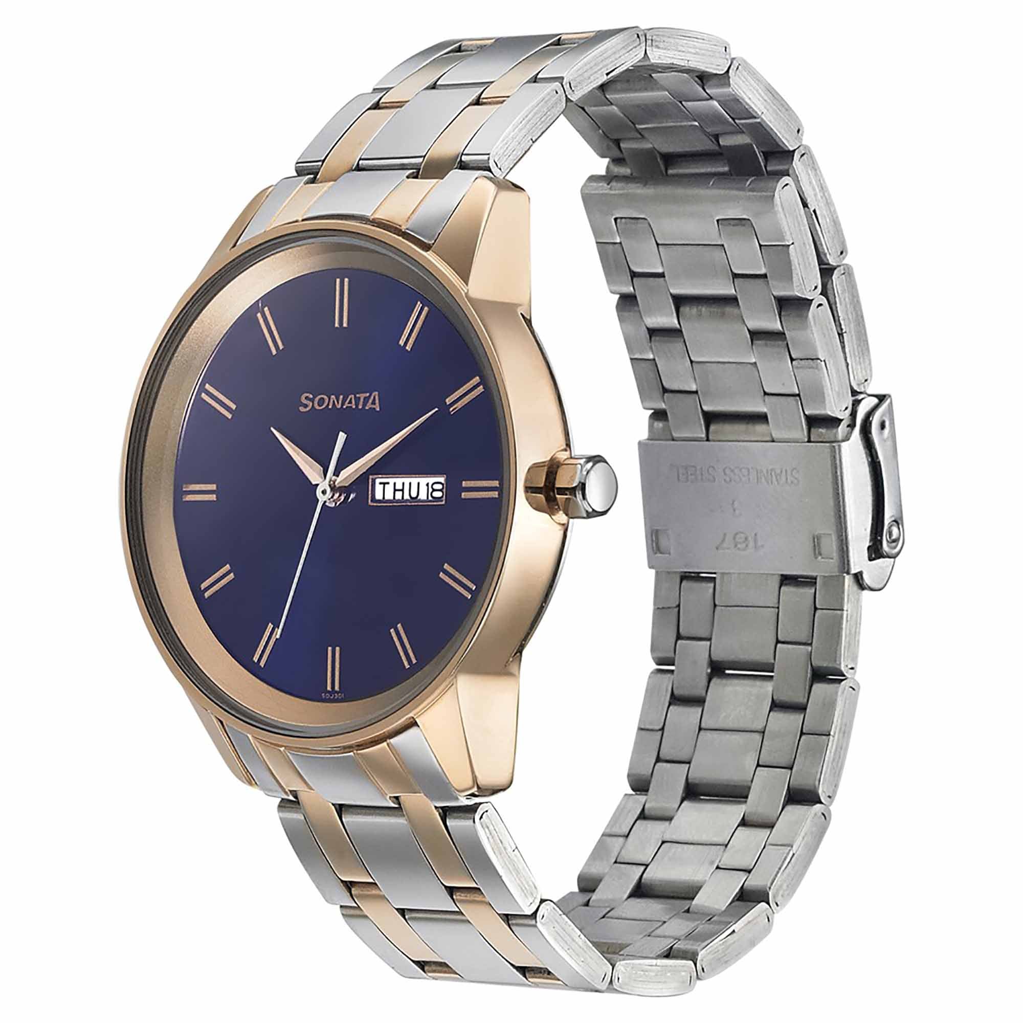 Sonata Quartz Analog with Day and Date Blue Dial Bimetal Strap Watch for Men