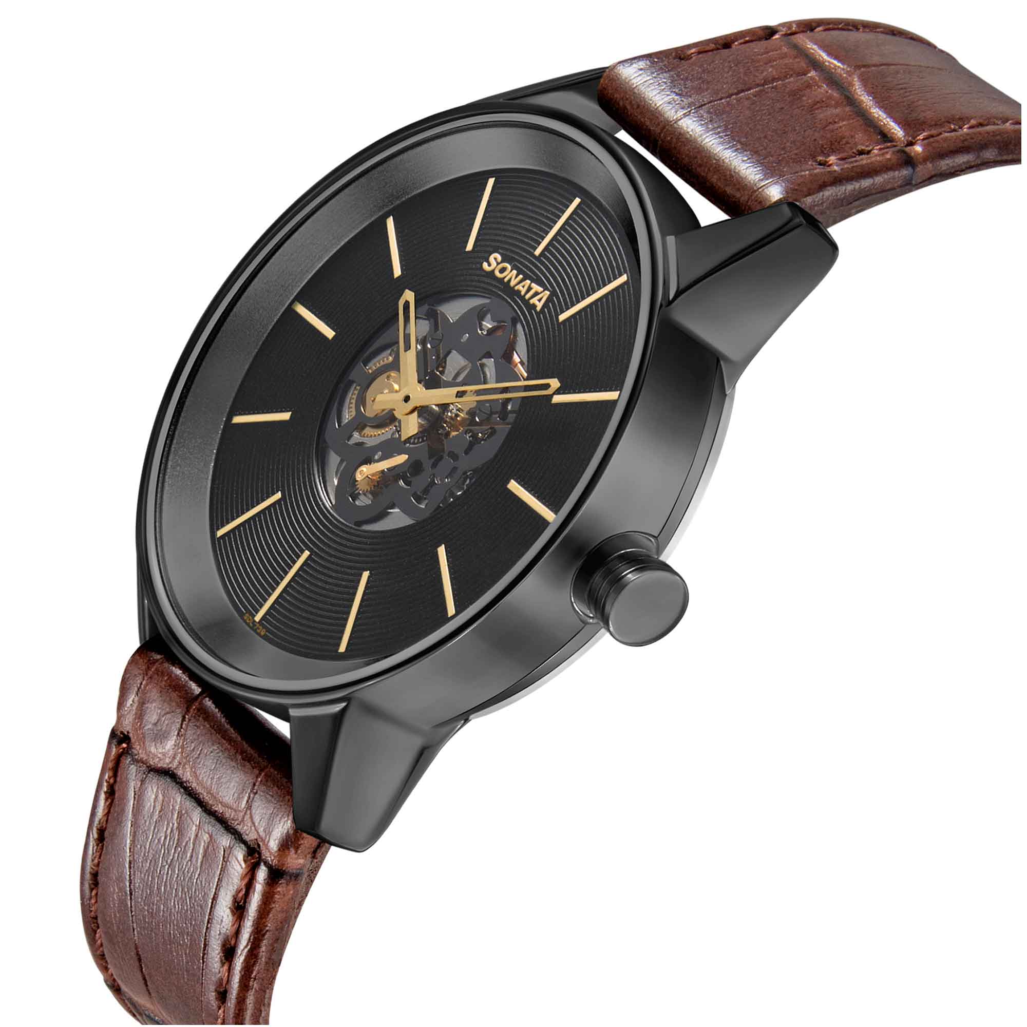 Sonata Quartz Multifunction Black Dial Leather Strap Watch for Men