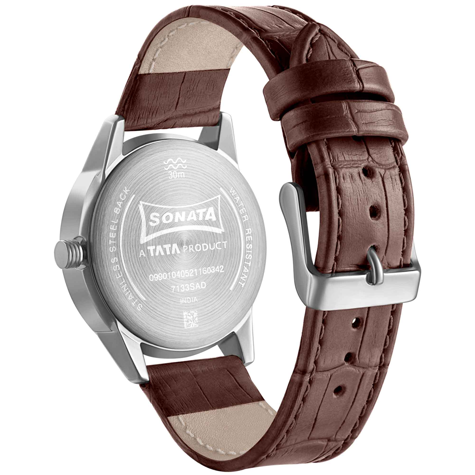 Sonata Quartz Multifunction Silver Dial Leather Strap Watch for Men