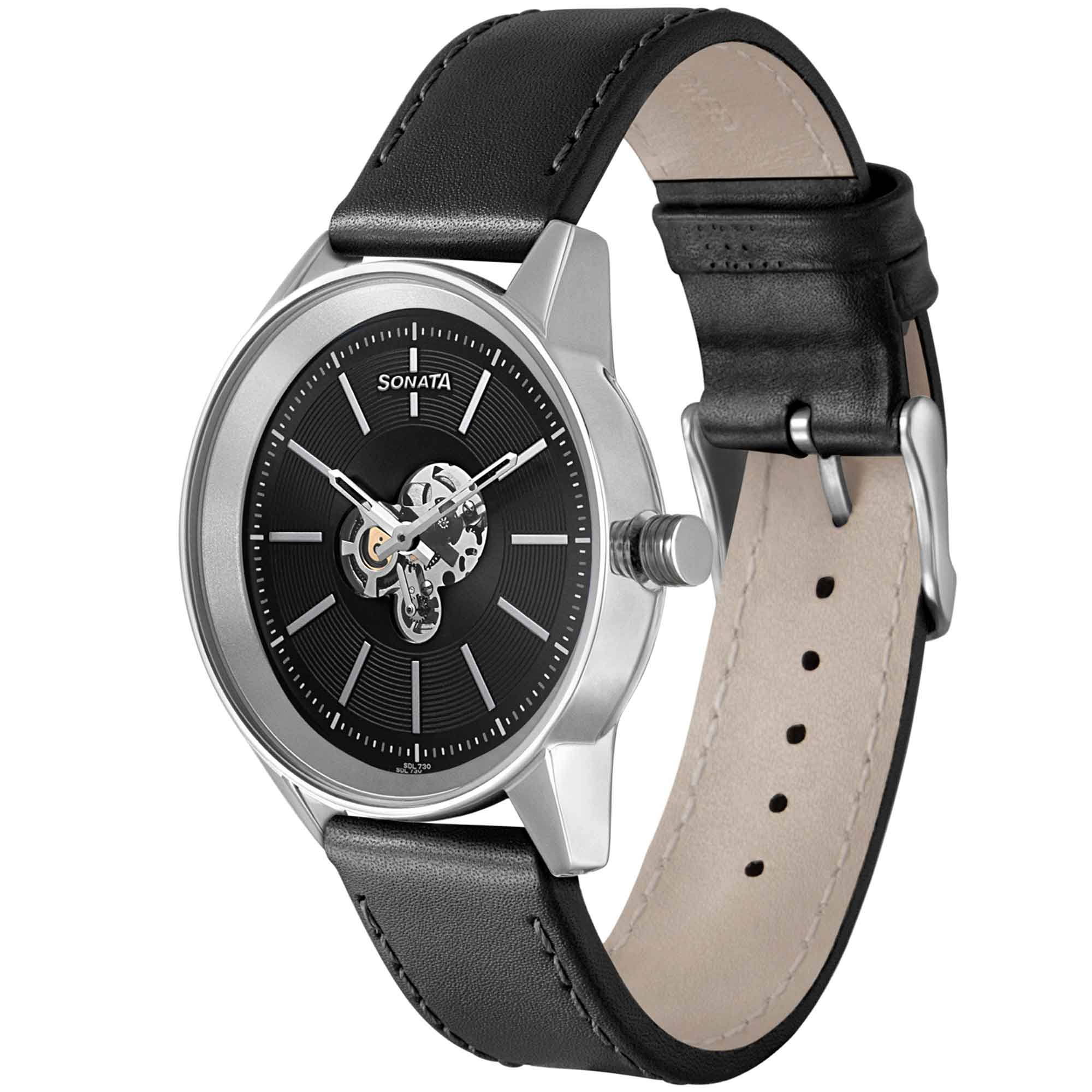 Sonata Quartz Multifunction Black Dial Leather Strap Watch for Men