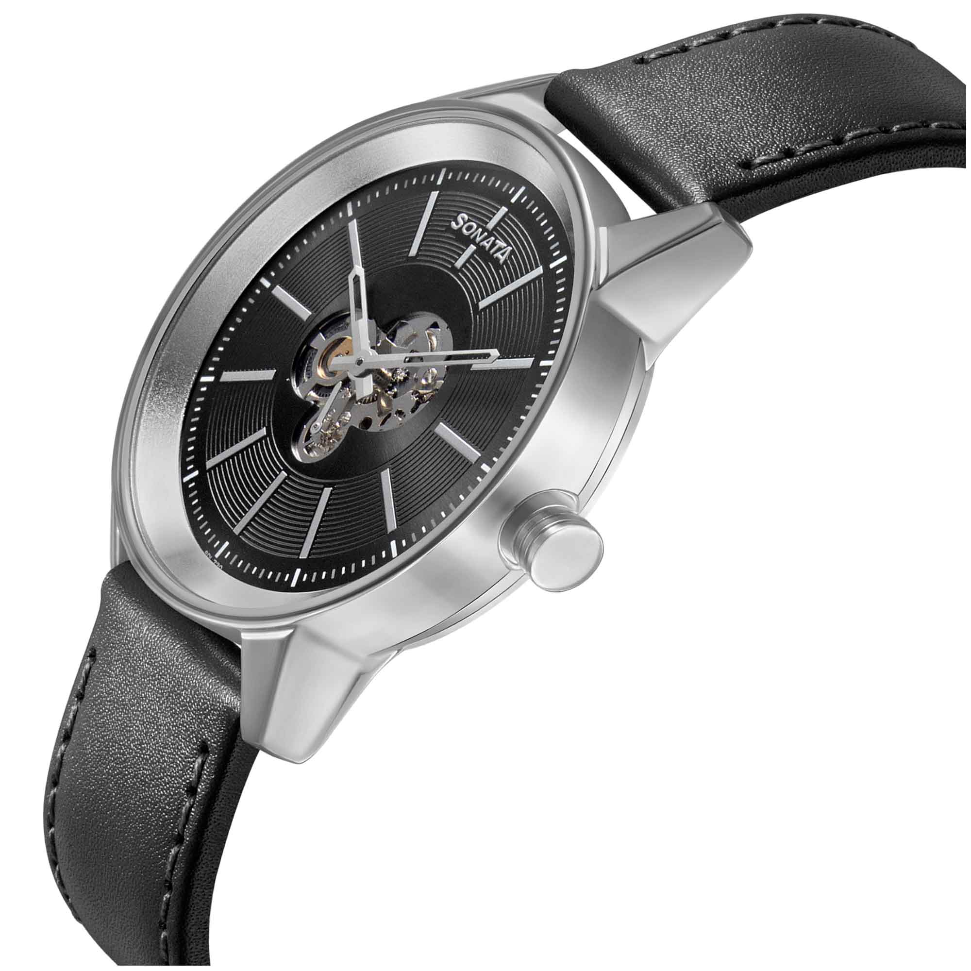 Sonata Quartz Multifunction Black Dial Leather Strap Watch for Men