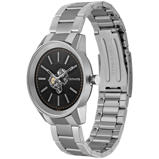 Sonata Quartz Multifunction Black Dial Stainless Steel Strap Watch for Men