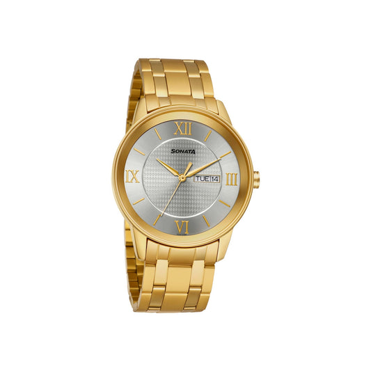 Sonata Quartz Analog with Day and Date Champagne Dial Stainless Steel Strap Watch for Men