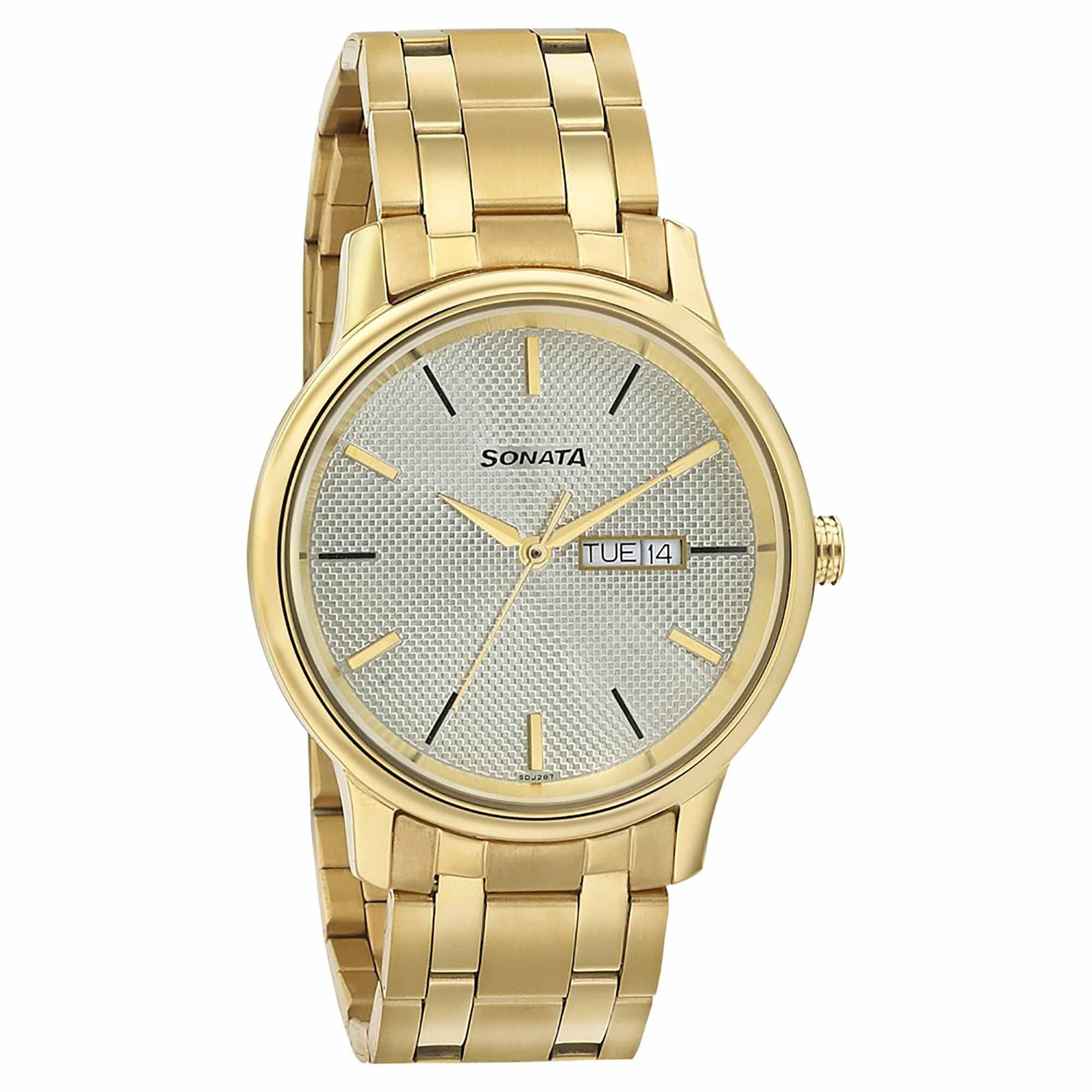 Sonata Quartz Analog with Day and Date Champagne Dial Metal Strap Watch for Men