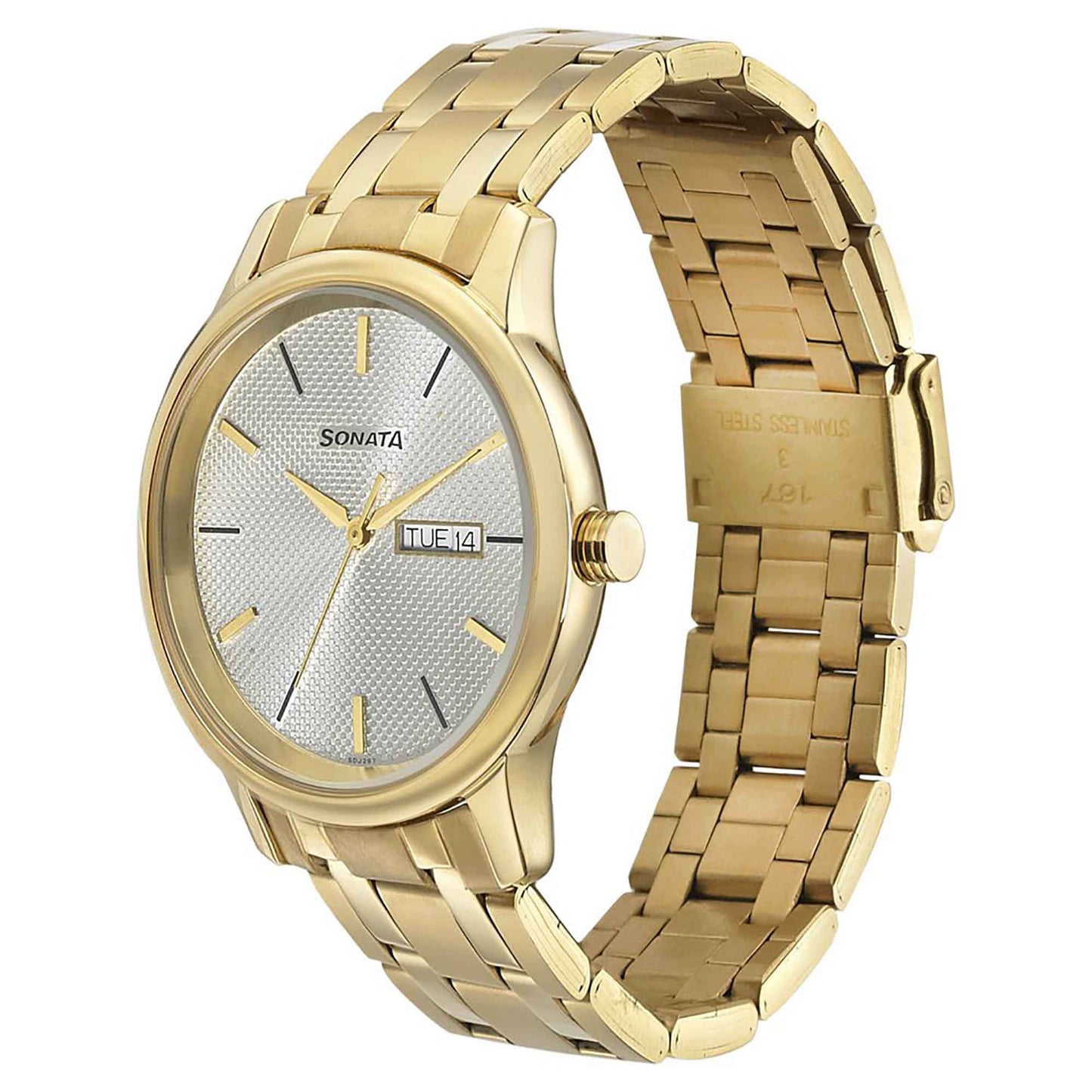 Sonata Quartz Analog with Day and Date Champagne Dial Metal Strap Watch for Men