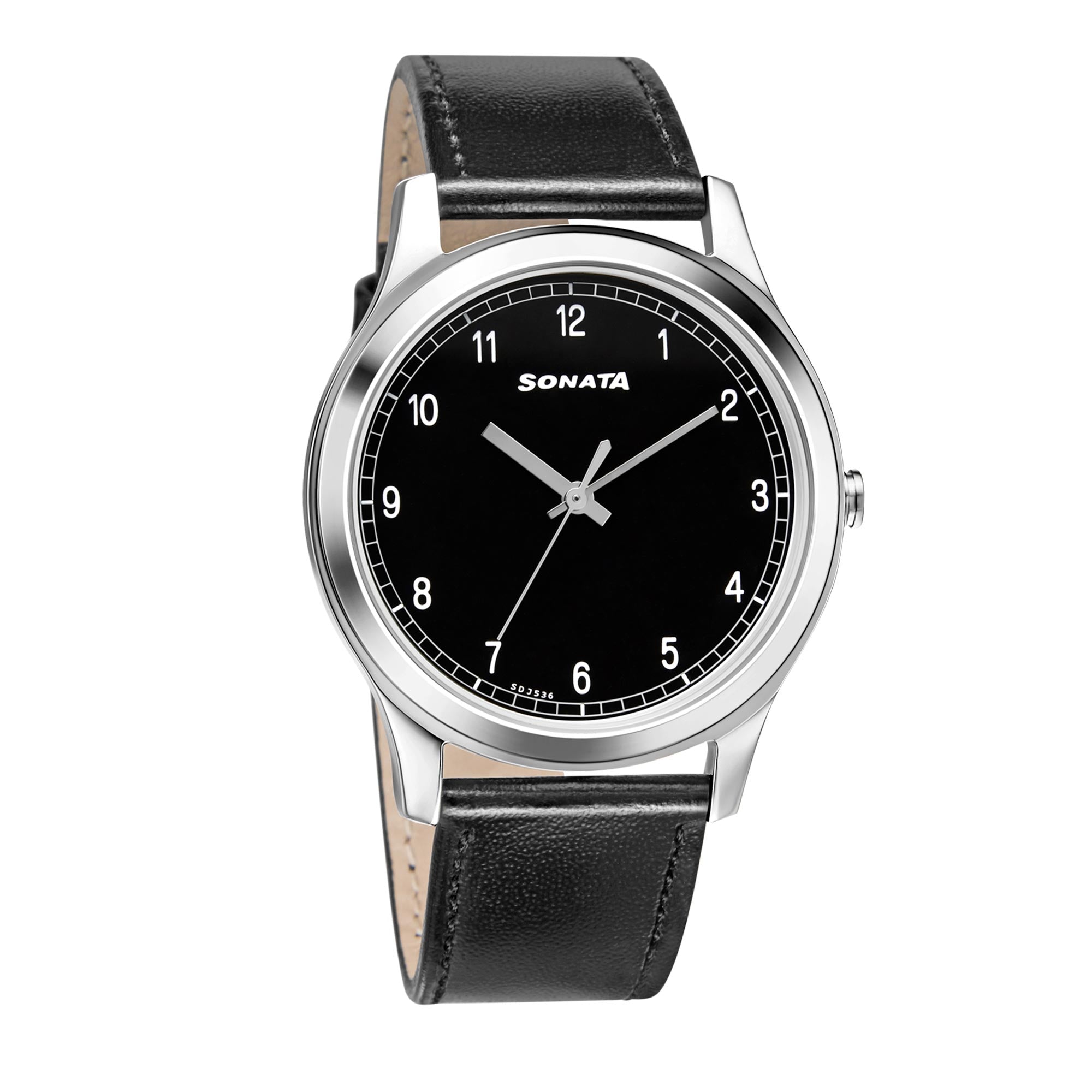 Sonata Quartz Analog Black Dial Leather Strap Watch for Men